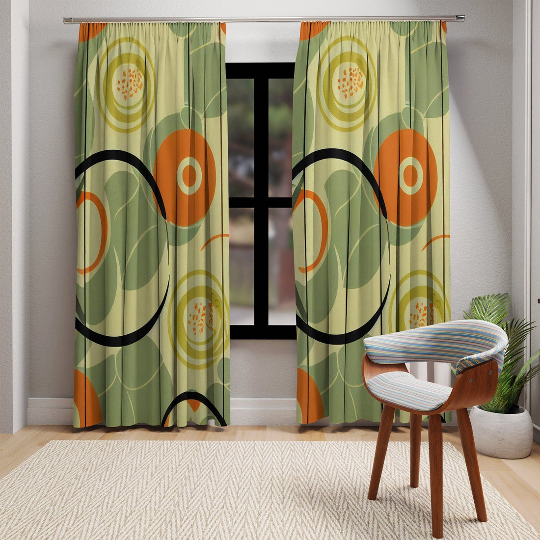 Kate McEnroe New York 1970s Geometric Abstract Curtains, Burnt Orange and Green Mid Century Style Living Room, Bedroom Decor - KM13879923Window CurtainsW3S - ORA - GRA - SH3