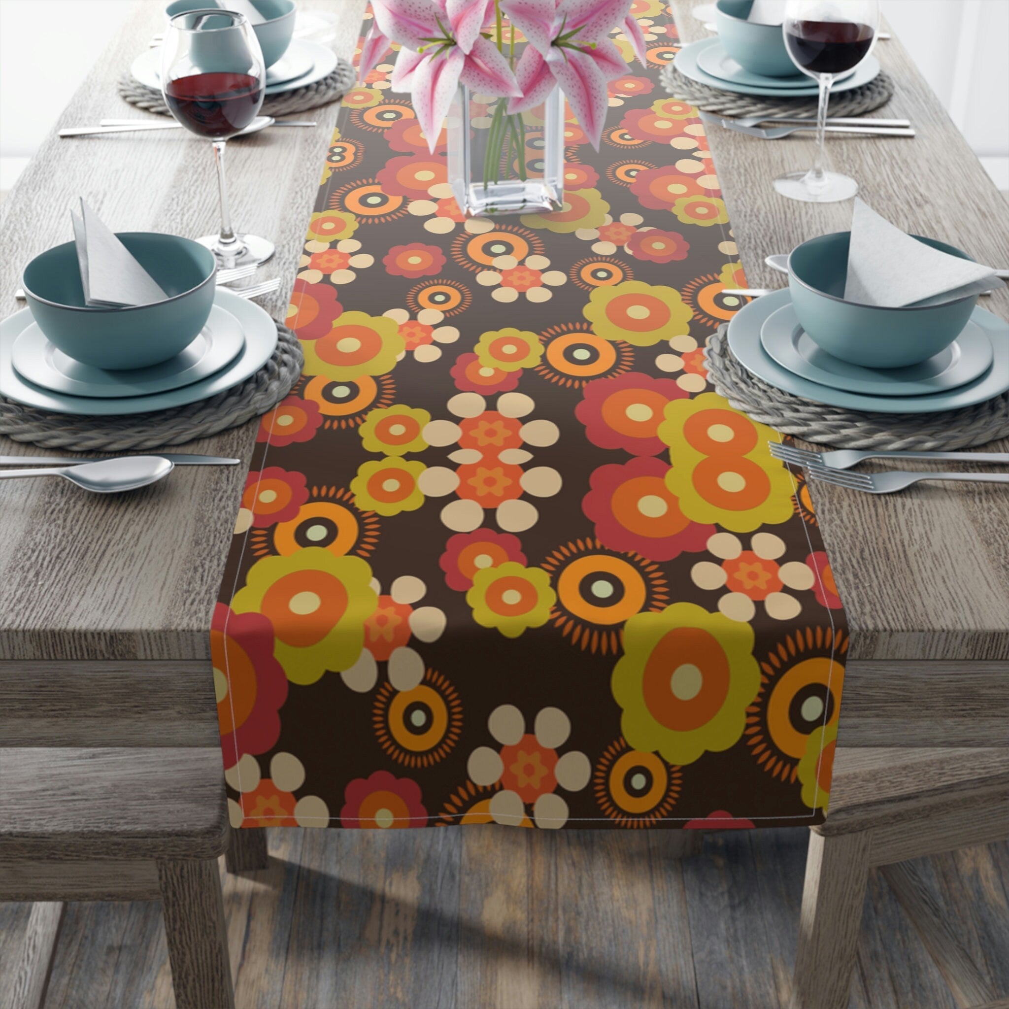 Kate McEnroe New York 1970s Mid Century Modern Boho Floral Table Runner, Retro Table Runner, 70s Vibe Flower Power Table Linen, Spring Dining Table Decor GiftsTable Runners23844892641802564395