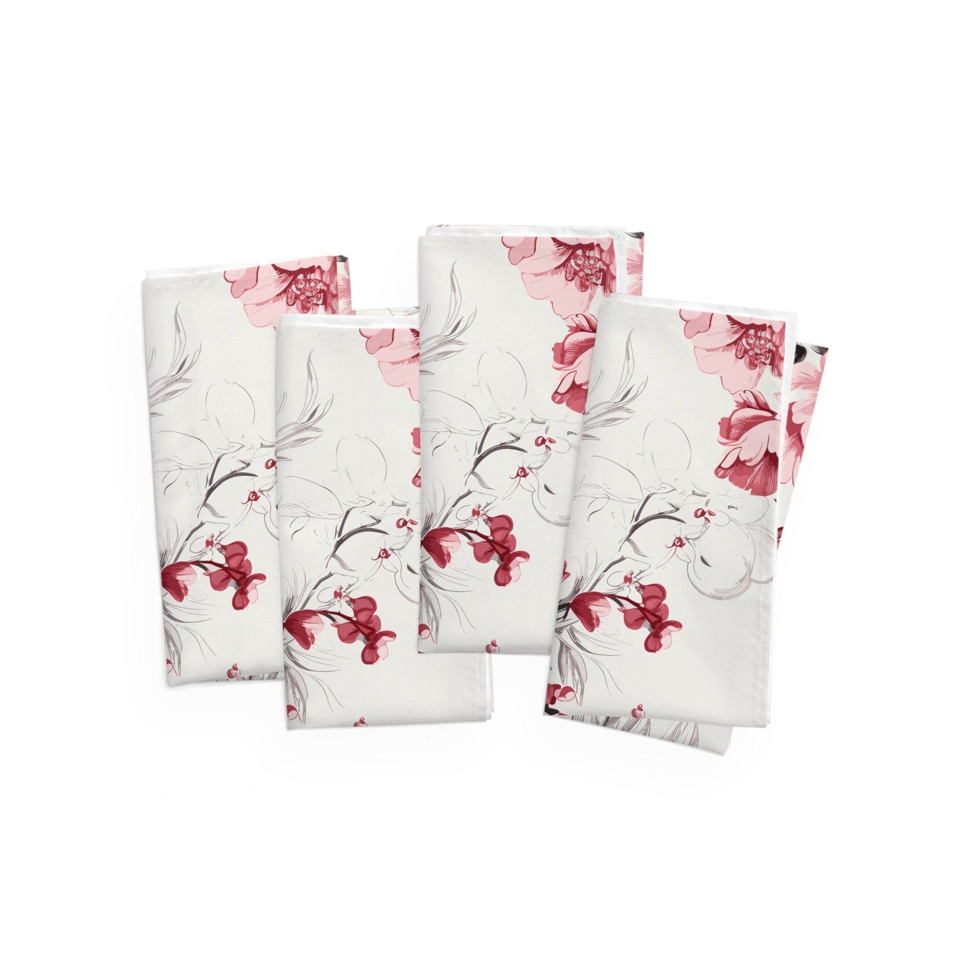 4-Piece Set Chinoiserie Botanical Toile Floral Cranberry Red, White Cloth  Napkin, Country Farmhouse Table Linen, Wedding Napkins - 132982823