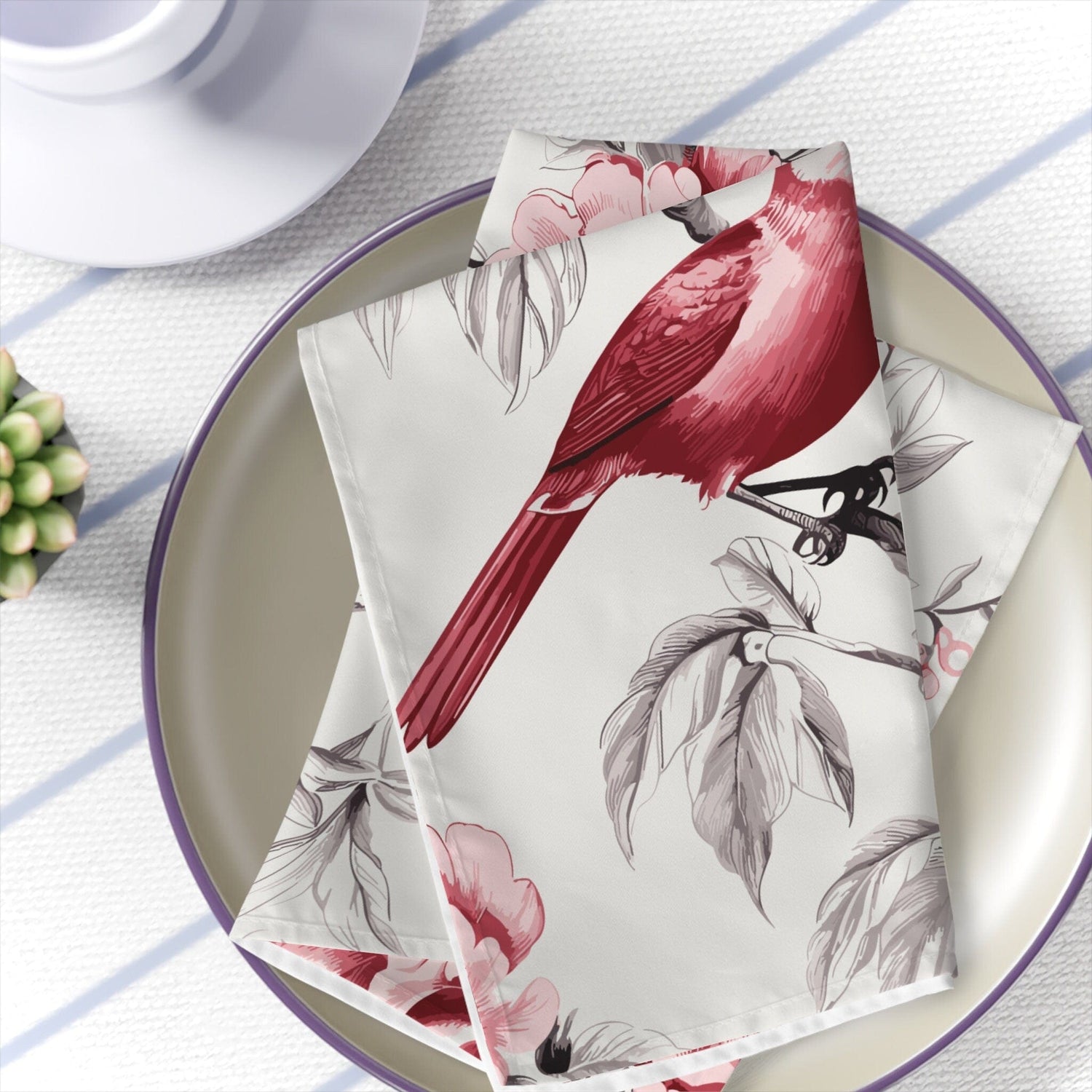 Kate McEnroe New York 4 - Piece Set Chinoiserie Botanical Toile Floral Cranberry Red, White Cloth Napkin, Country Farmhouse Table Linen, Wedding Napkins - 132982823Napkins53700809840491352791