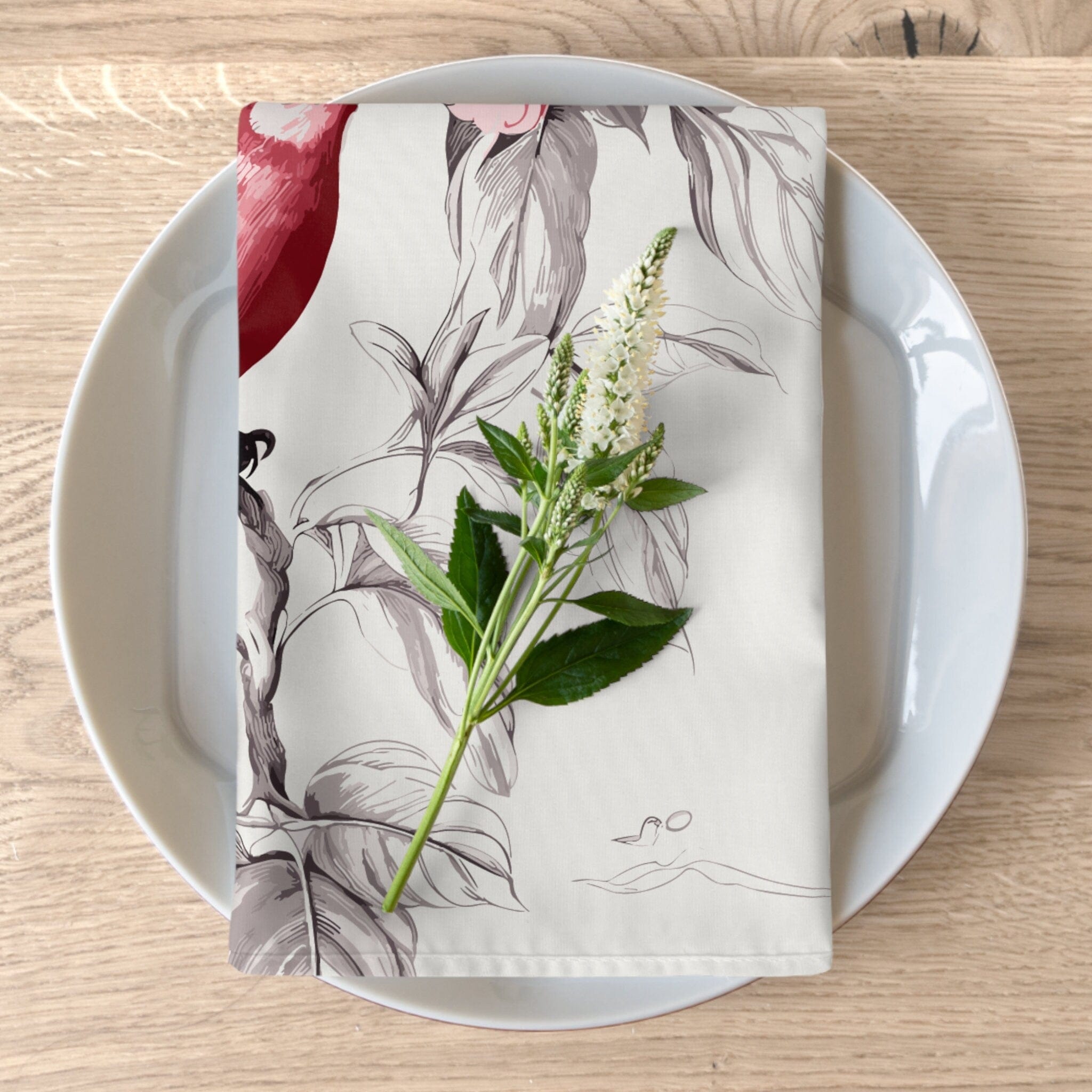 Kate McEnroe New York 4 - Piece Set Chinoiserie Botanical Toile Floral Cranberry Red, White Cloth Napkin, Country Farmhouse Table Linen, Wedding Napkins - 132982823Napkins53700809840491352791