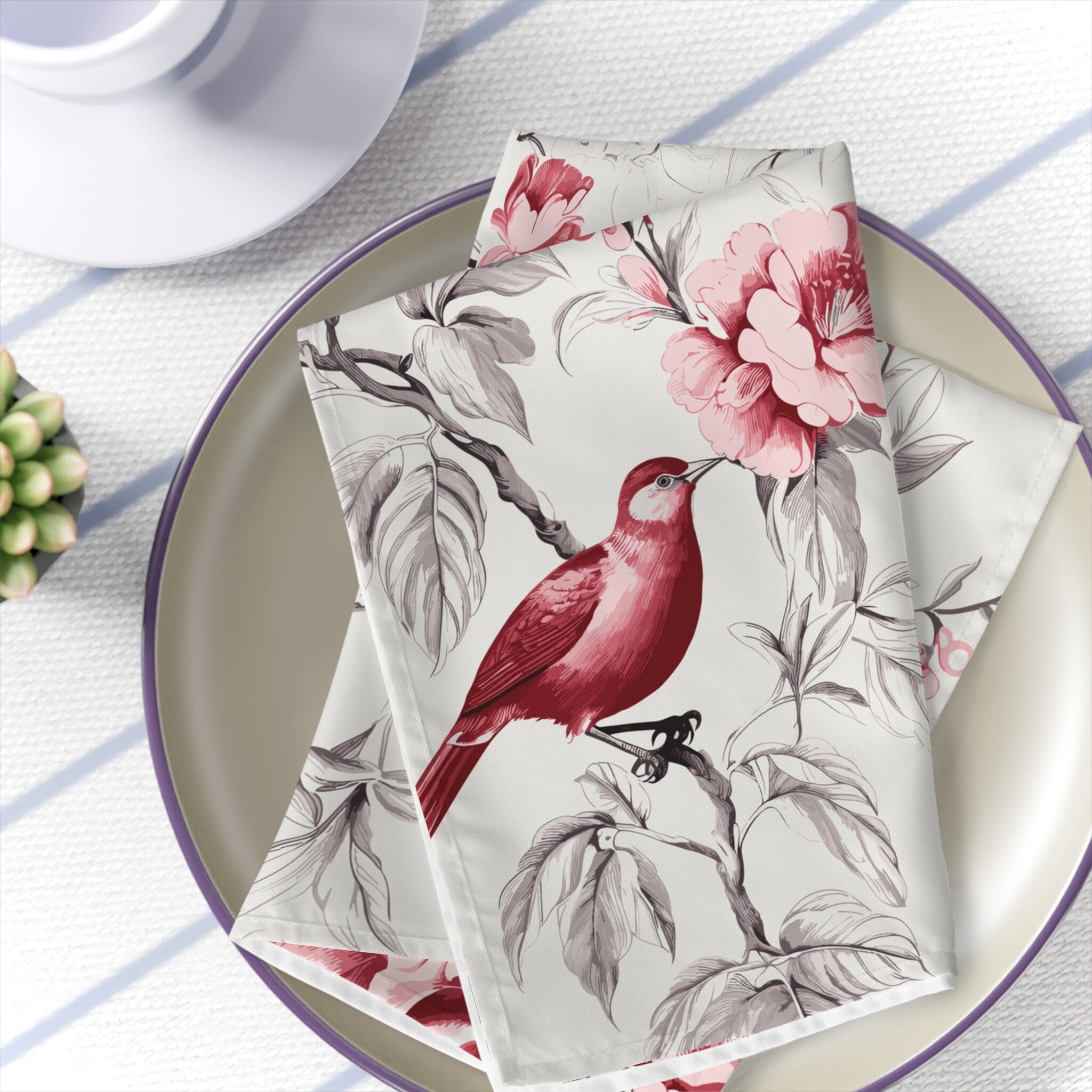 Kate McEnroe New York 4 - Piece Set Chinoiserie Botanical Toile Floral Cranberry Red, White Cloth Napkin, Country Farmhouse Table Linen, Wedding Napkins - 132982823Napkins53700809840491352791