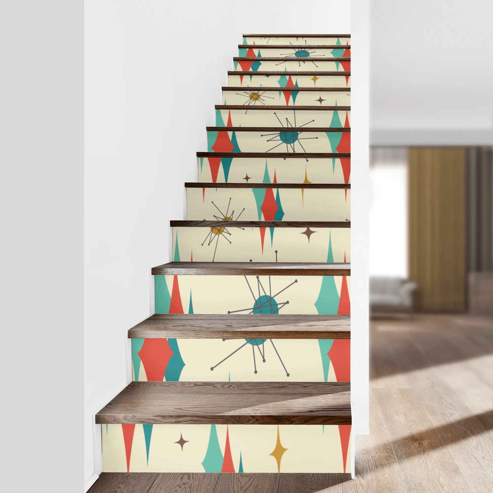 Kate McEnroe New York 50s Franciscan Starburst Stair Risers 13pc, Mid Century Modern Atomic Stair DecalsStair RisersNR96011Y - 1