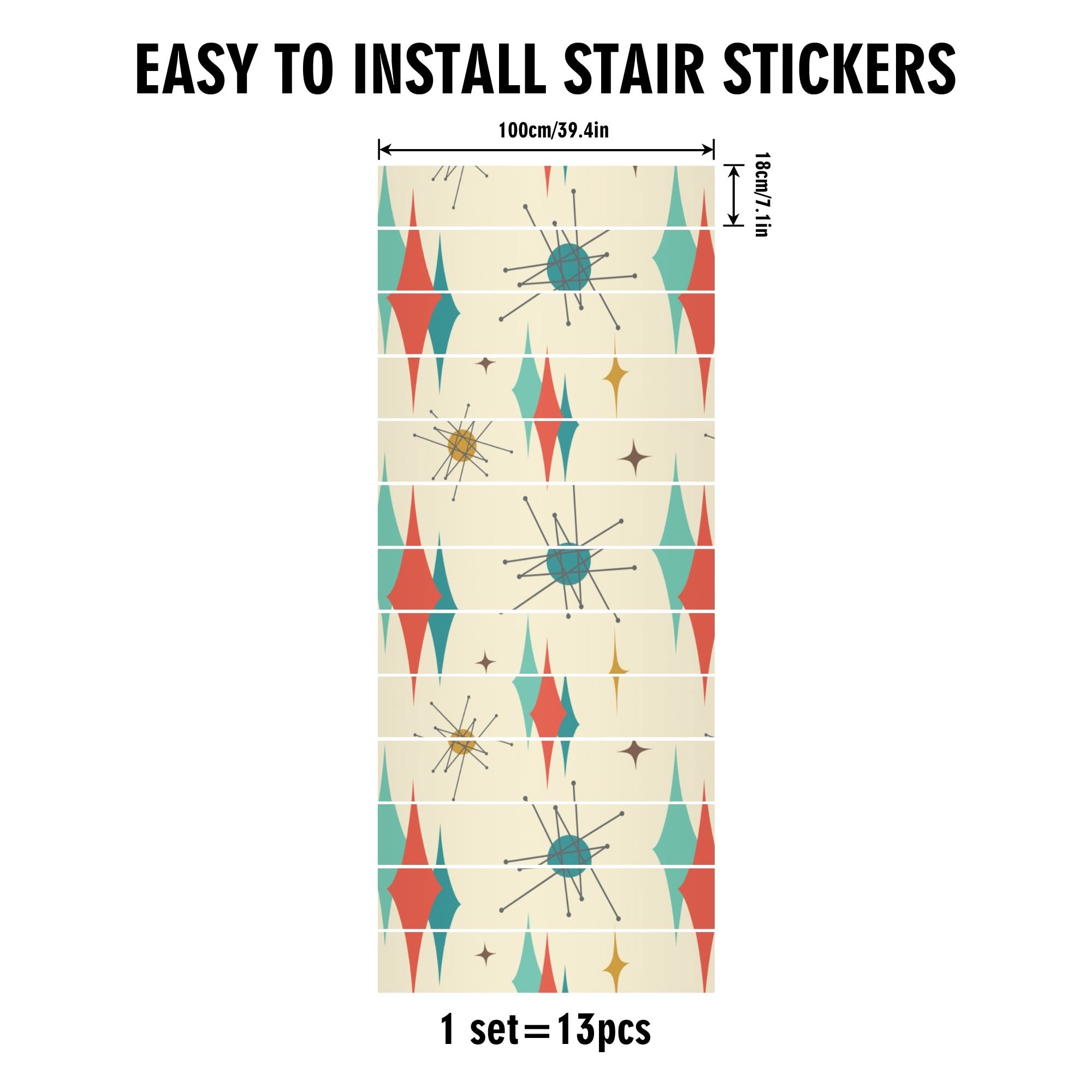 Kate McEnroe New York 50s Franciscan Starburst Stair Risers 13pc, Mid Century Modern Atomic Stair DecalsStair RisersNR96011Y - 1