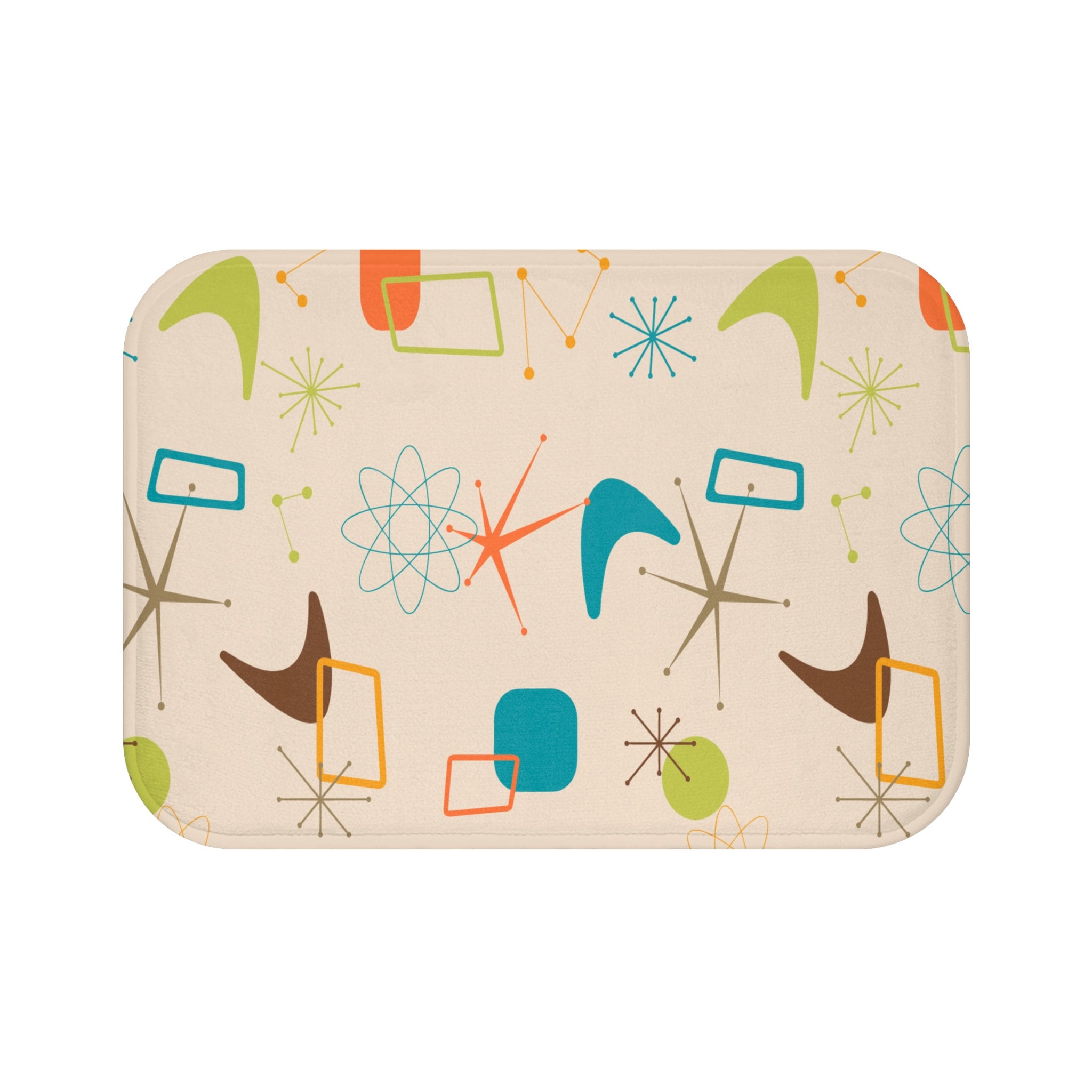 Kate McEnroe New York 50s Mid Century Modern Boomerang Starburst Bath Mat, Retro Beige, Orange, Teal Blue, Lime Bathroom Rug, Atomic Age Bath DecorBath Mats30878369802248505557