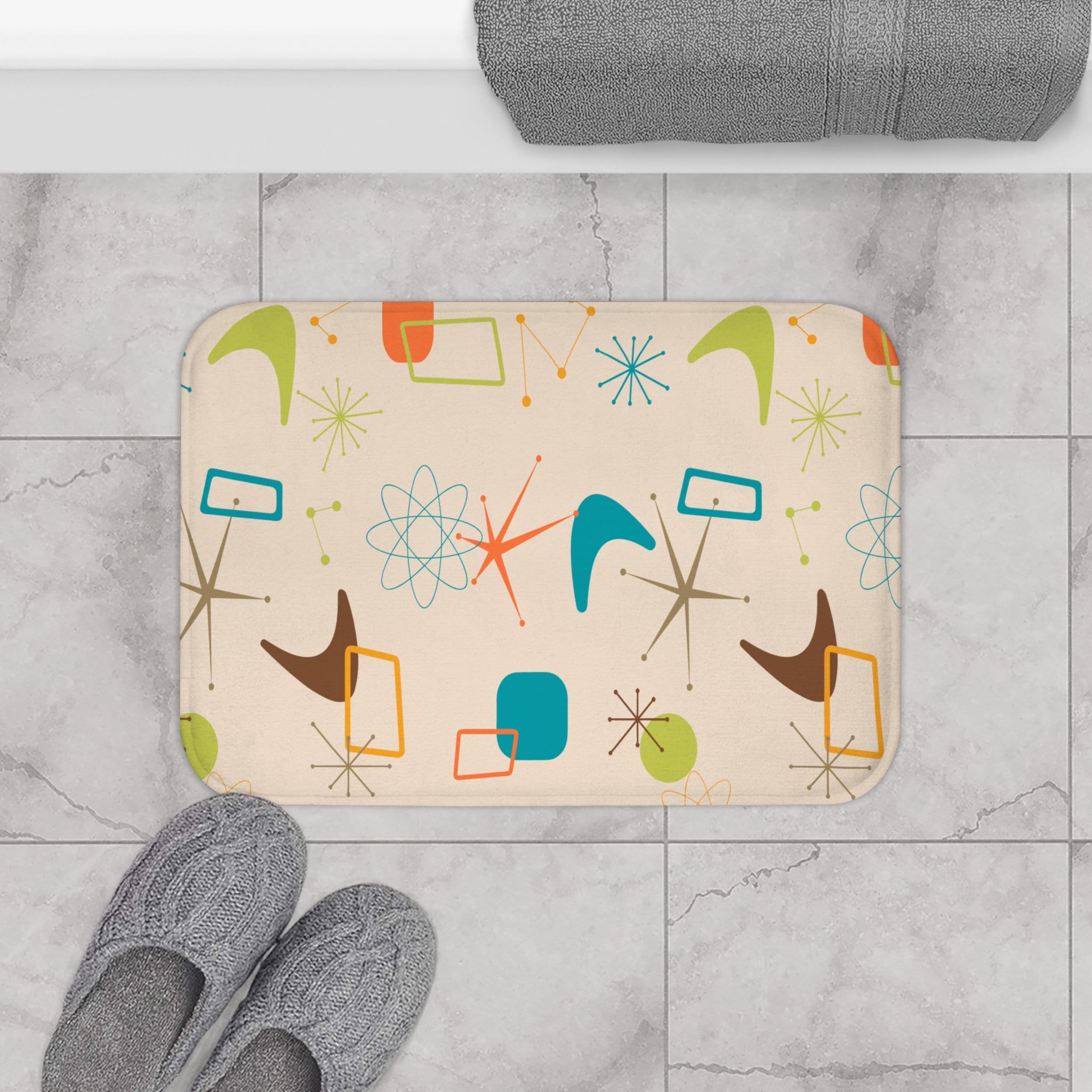 Kate McEnroe New York 50s Mid Century Modern Boomerang Starburst Bath Mat, Retro Beige, Orange, Teal Blue, Lime Bathroom Rug, Atomic Age Bath DecorBath Mats30878369802248505557