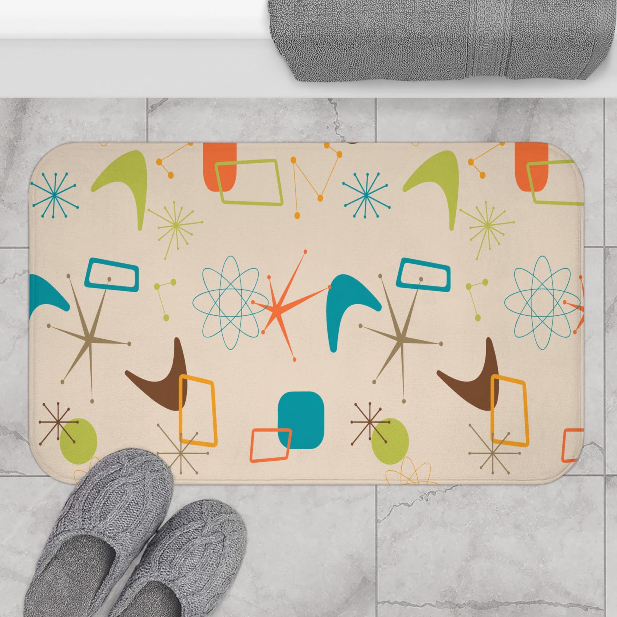 Kate McEnroe New York 50s Mid Century Modern Boomerang Starburst Bath Mat, Retro Beige, Orange, Teal Blue, Lime Bathroom Rug, Atomic Age Bath DecorBath Mats30878369802248505557