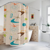 Kate McEnroe New York 50s Mid Century Modern Boomerang Starburst shower curtains, Retro Beige, Orange, Teal Blue, Lime Bathroom, Atomic Age Bath DecorShower CurtainsS40 - MID - GEO - 7X7