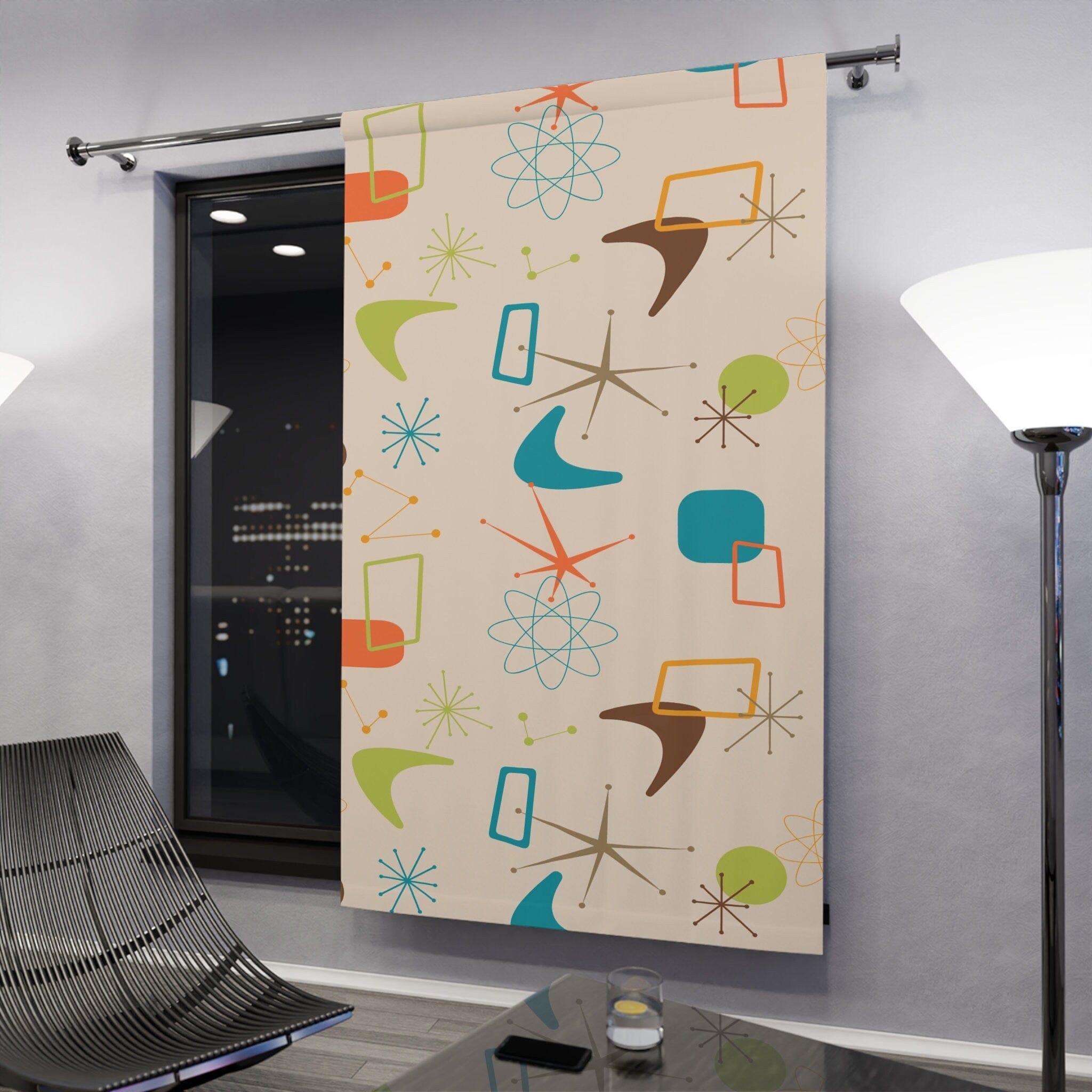 Kate McEnroe New York 50s Mid Century Modern Boomerang Starburst Window Curtains, Retro MCM Beige, Orange, Teal Blue, Lime, Living Room, Bedroom Window DecorWindow CurtainsW3S - MID - GEO - SH6