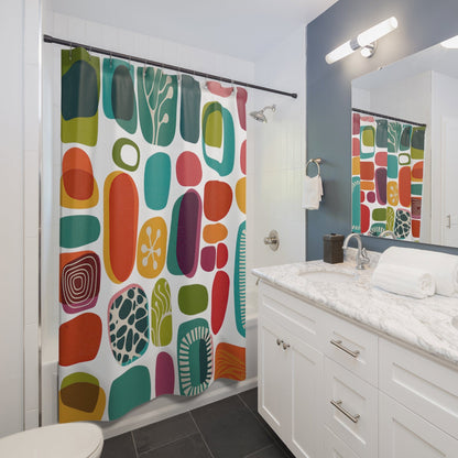 Printify 50s Mid century Modern Retro Amoeba Shower Curtain, MCM Teal, Burnt Orange, Lime Geometric Abstract Bathroom Decor Home Decor 71" × 74" 22227656643331503179