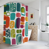 Kate McEnroe New York 50s Mid century Modern Retro Amoeba Shower Curtain, MCM Teal, Burnt Orange, Lime Geometric Abstract Bathroom DecorShower CurtainsS40 - AMB - ABS - 7X7