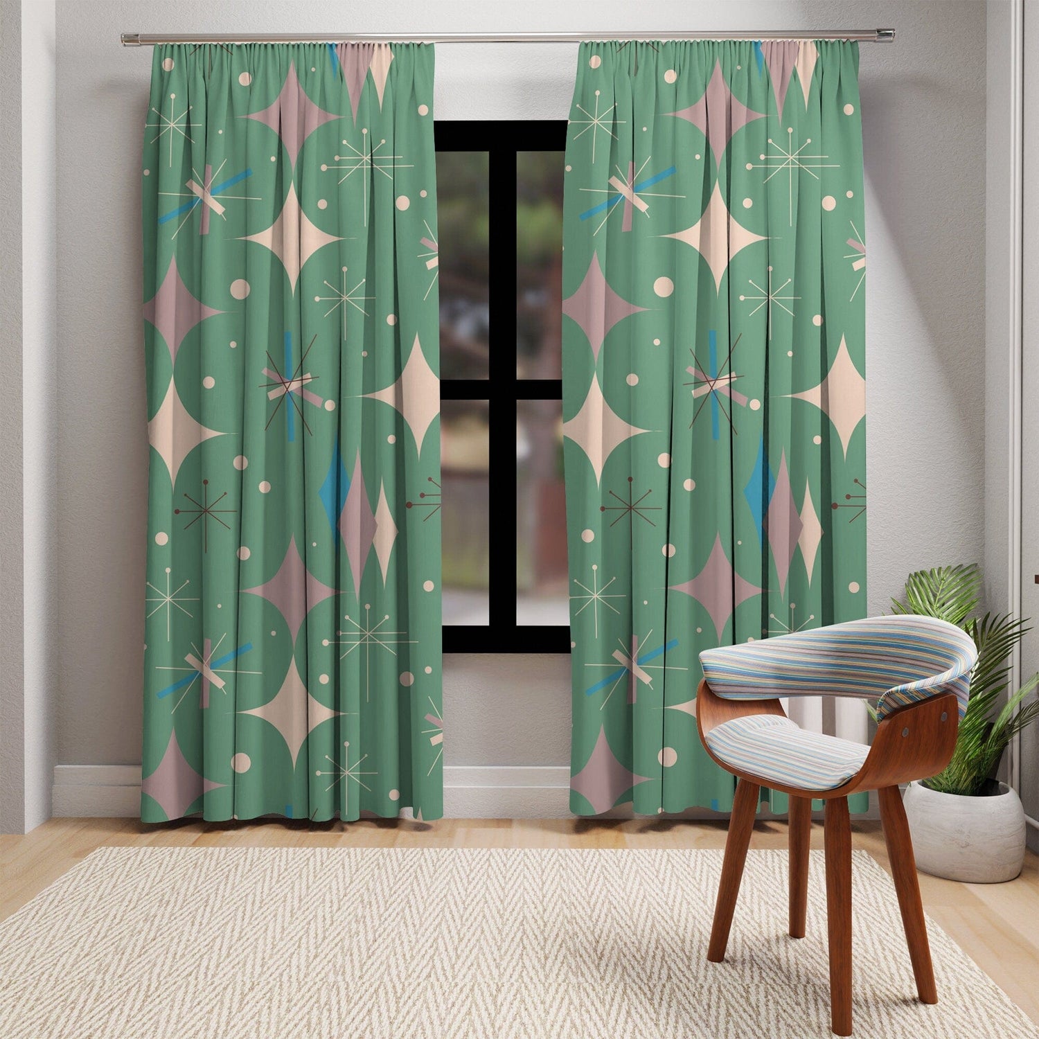 Kate McEnroe New York 50s Mid Century Modern Starburst Window CurtainsWindow CurtainsW3D - BLA - GRE - BO1