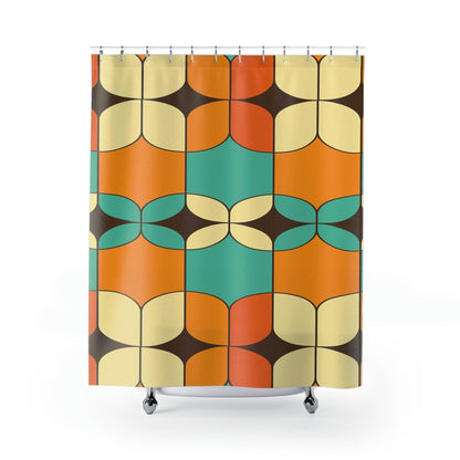 Kate McEnroe New York 50s Mid Mod Aesthetic Retro Groovy Shower Curtain, Mid Century Modern Orange, Turquoise, Ivory, Brown Bathroom Curtain, MCM Bath DecorShower CurtainsS40 - GEO - ORA - 7X7