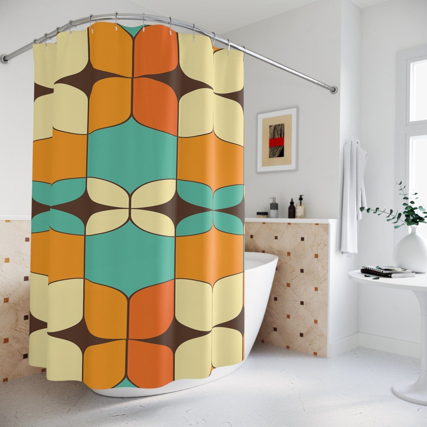 Kate McEnroe New York 50s Mid Mod Aesthetic Retro Groovy Shower Curtain, Mid Century Modern Orange, Turquoise, Ivory, Brown Bathroom Curtain, MCM Bath DecorShower CurtainsS40 - GEO - ORA - 7X7