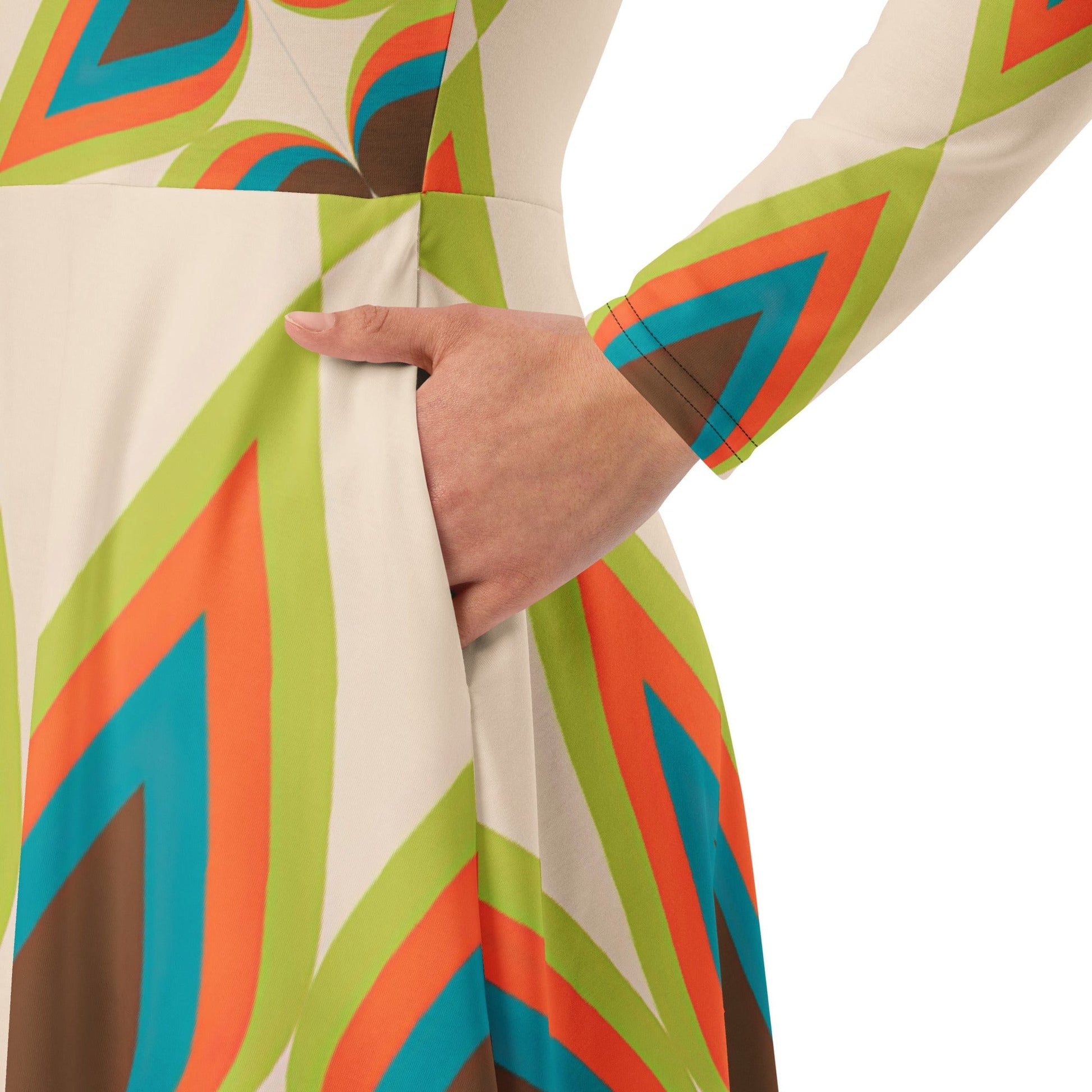 Kate McEnroe New York 50s Mid Mod Retro Atomic Diamond Teardrop Print Long Sleeve Midi Dress - Vintage Mid Century Modern Boho Chic Flared Skirt Style - 132382823 Dresses