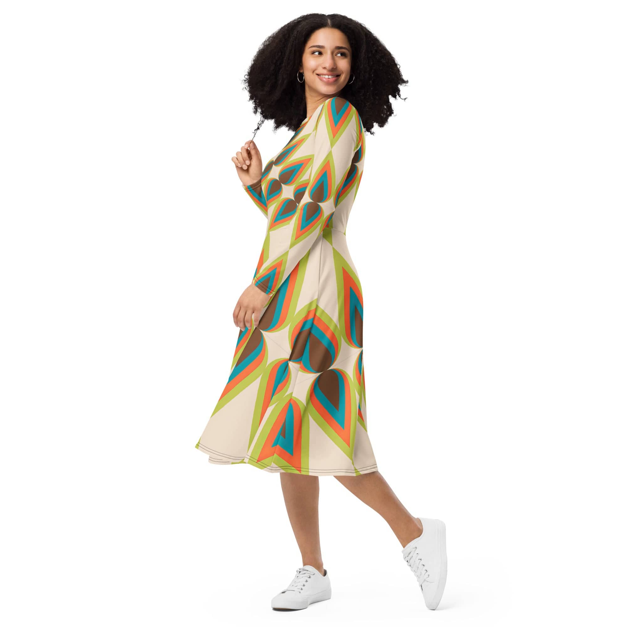 Kate McEnroe New York 50s Mid Mod Retro Atomic Diamond Teardrop Print Long Sleeve Midi Dress - Vintage Mid Century Modern Boho Chic Flared Skirt Style - 132382823Dresses8678804_15103