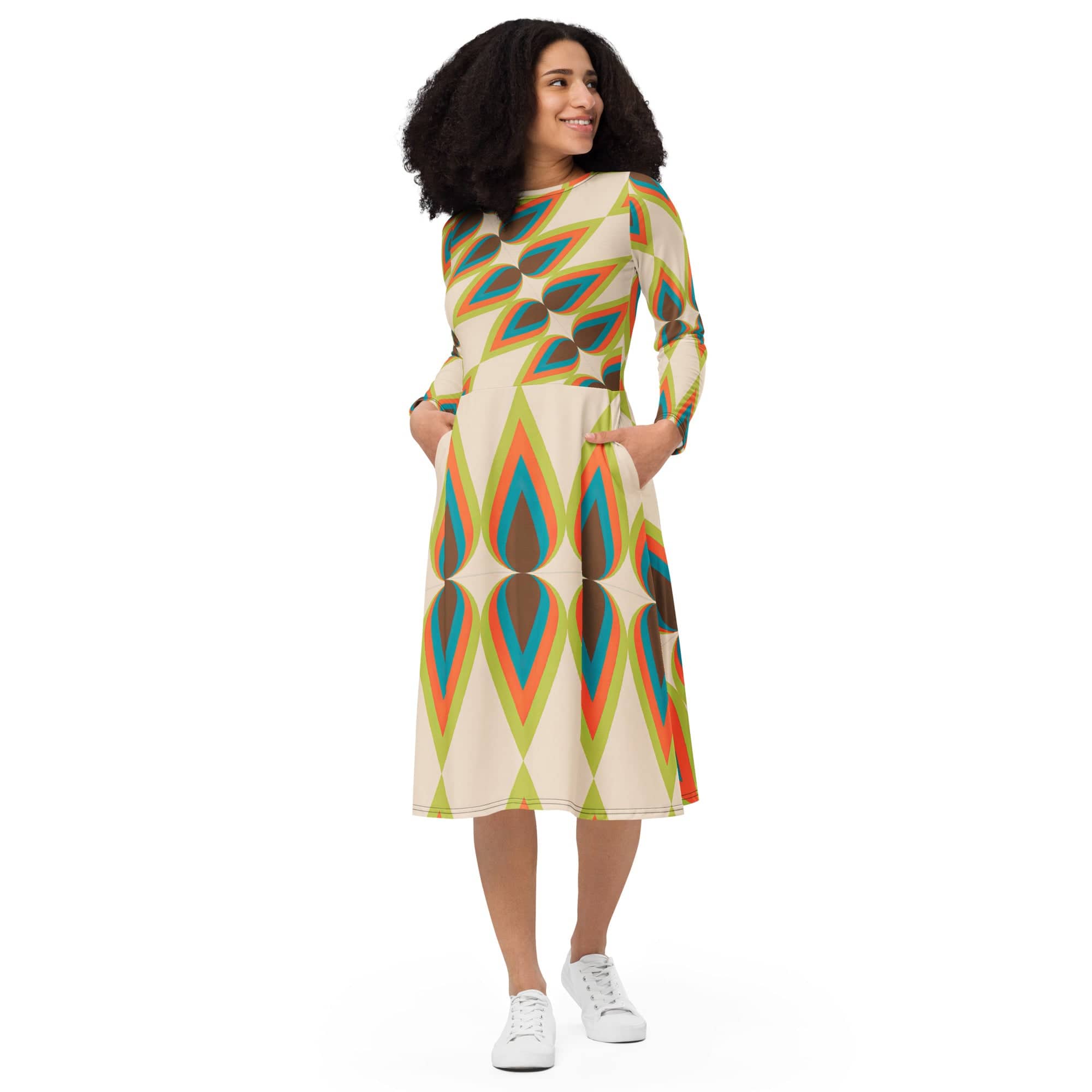 Kate McEnroe New York 50s Mid Mod Retro Atomic Diamond Teardrop Print Long Sleeve Midi Dress - Vintage Mid Century Modern Boho Chic Flared Skirt Style - 132382823Dresses8678804_15103