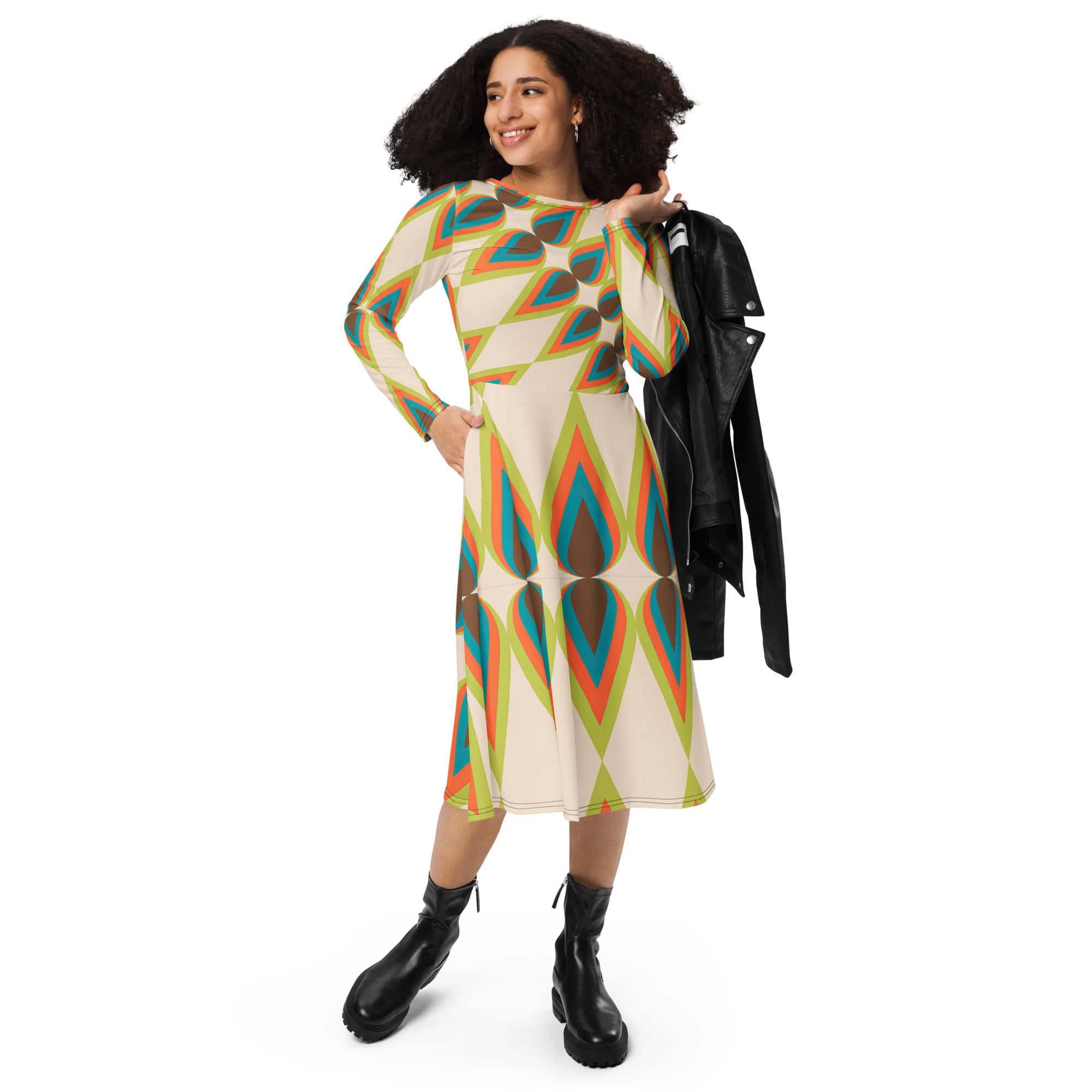 Kate McEnroe New York 50s Mid Mod Retro Atomic Diamond Teardrop Print Long Sleeve Midi Dress - Vintage Mid Century Modern Boho Chic Flared Skirt Style - 132382823Dresses8678804_15103