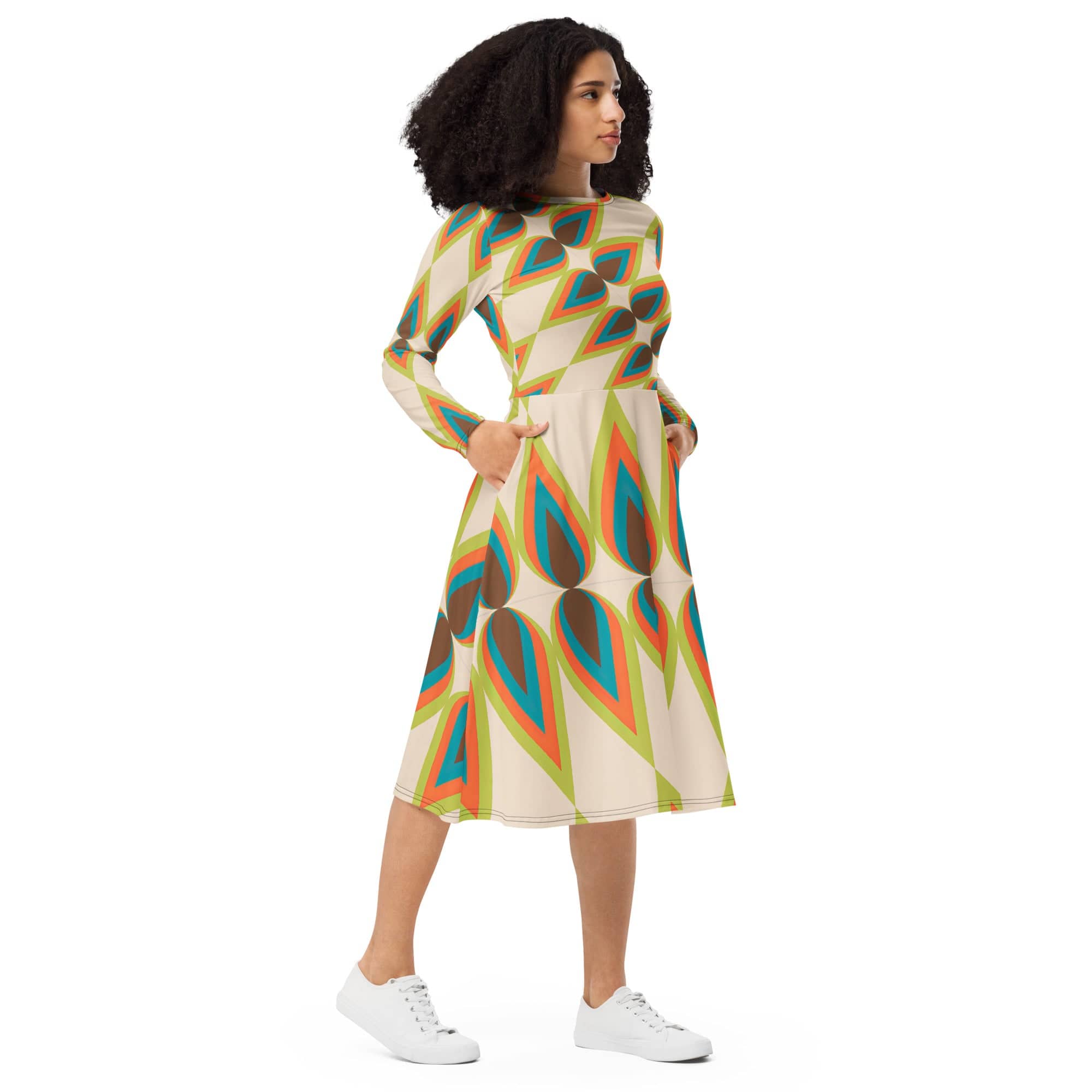 Kate McEnroe New York 50s Mid Mod Retro Atomic Diamond Teardrop Print Long Sleeve Midi Dress - Vintage Mid Century Modern Boho Chic Flared Skirt Style - 132382823Dresses8678804_15103