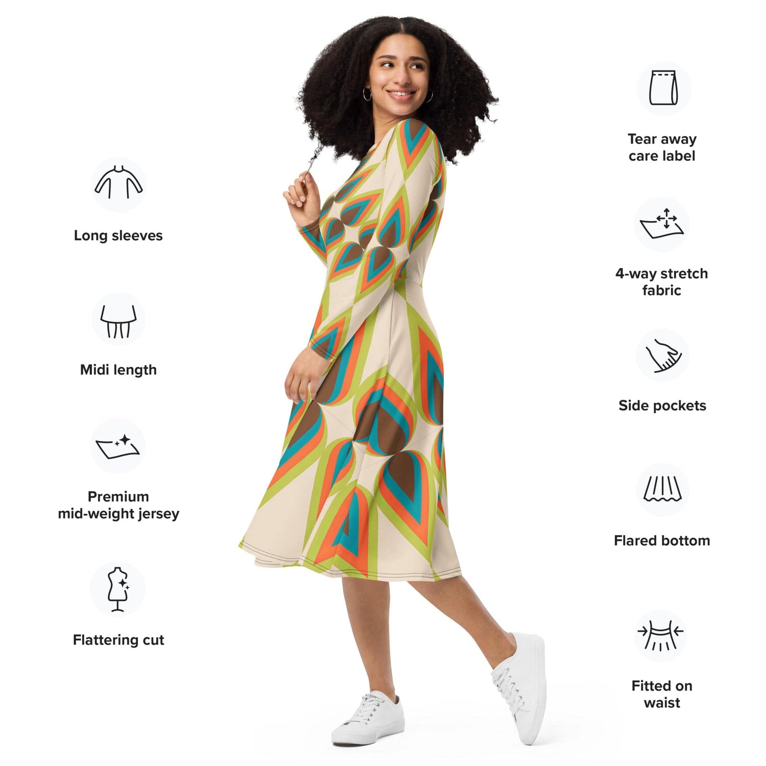 50s Mid Mod Retro Atomic Diamond Teardrop Print Long Sleeve Midi Dress Kate McEnroe New York 50s Mid Mod Retro Atomic Diamond Teardrop Print Long Sleeve Midi Dress Kate McEnroe New York