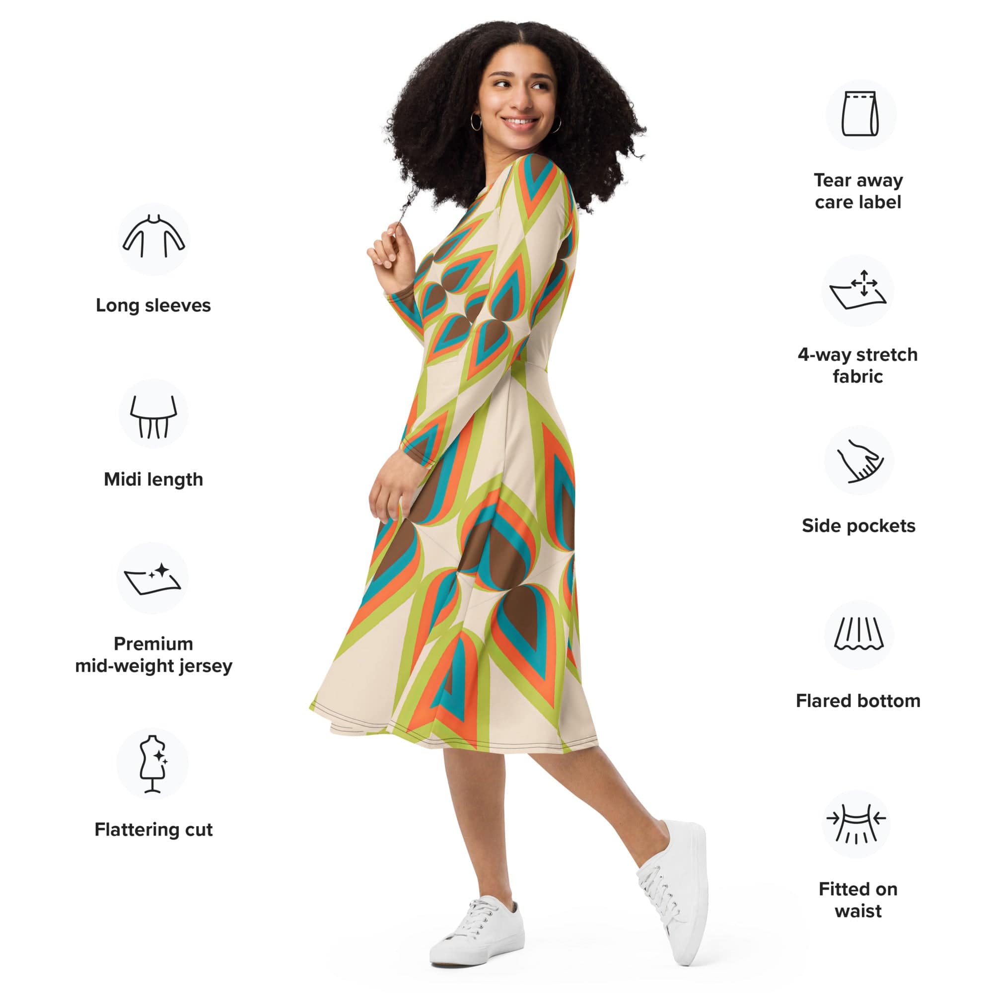 Kate McEnroe New York 50s Mid Mod Retro Atomic Diamond Teardrop Print Long Sleeve Midi Dress - Vintage Mid Century Modern Boho Chic Flared Skirt Style - 132382823Dresses8678804_15103
