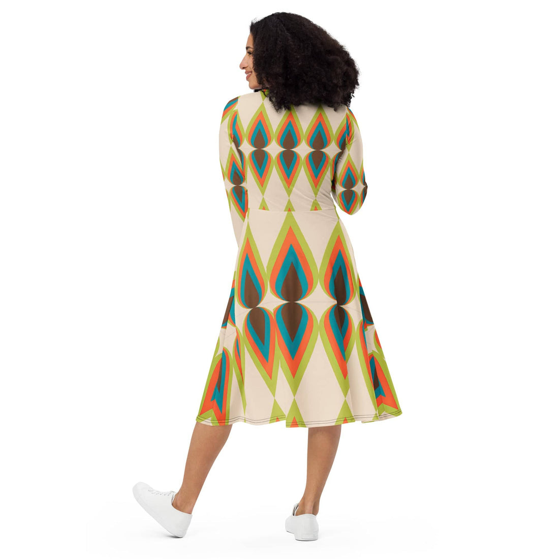 Kate McEnroe New York 50s Mid Mod Retro Atomic Diamond Teardrop Print Long Sleeve Midi Dress - Vintage Mid Century Modern Boho Chic Flared Skirt Style - 132382823Dresses8678804_15103