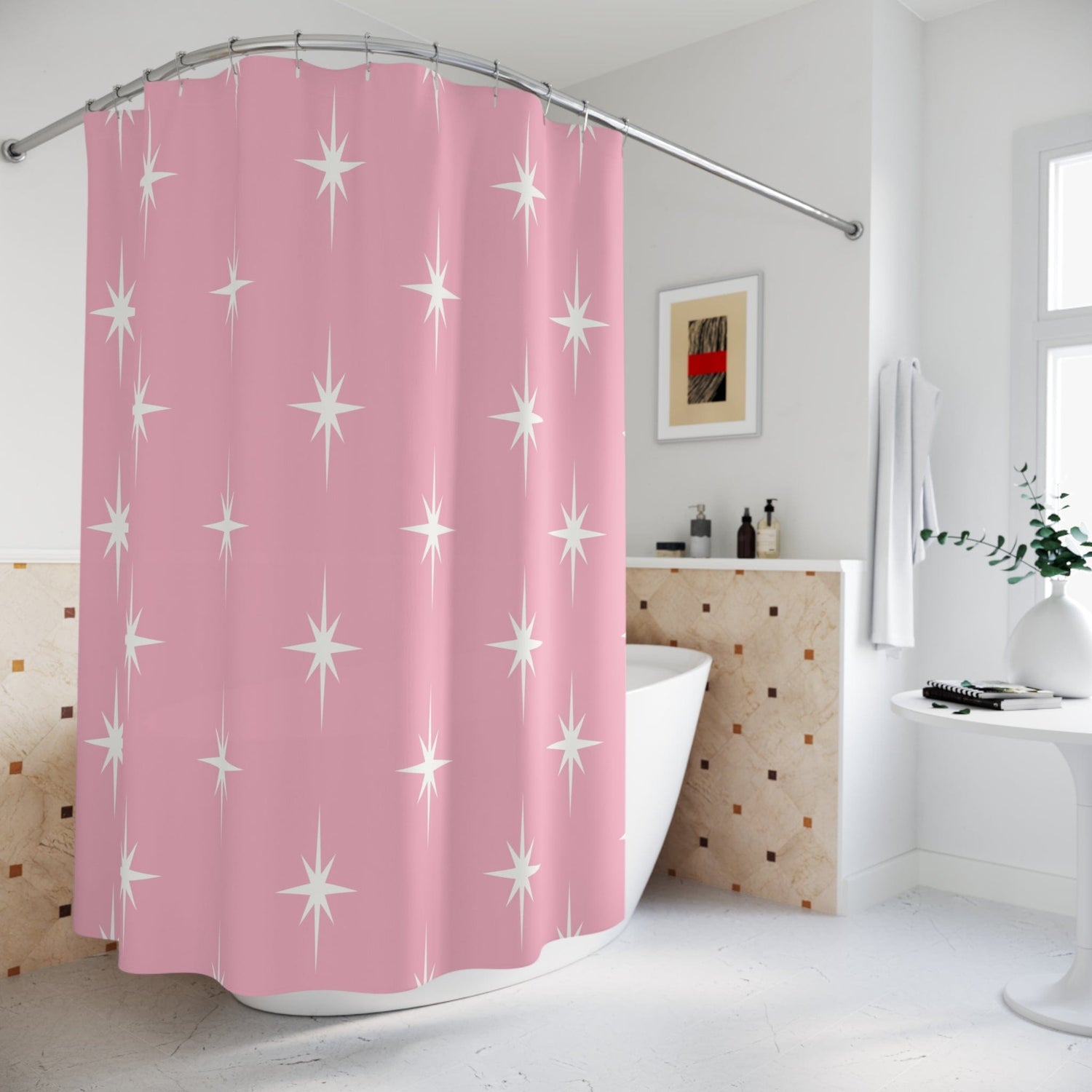 Kate McEnroe New York 50s Retro Mid Century Modern Atomic Starburst Shower Curtains in Vintage Pink and White Shower Curtains 70&quot; × 74&quot; S40-STB-PNK-7X7