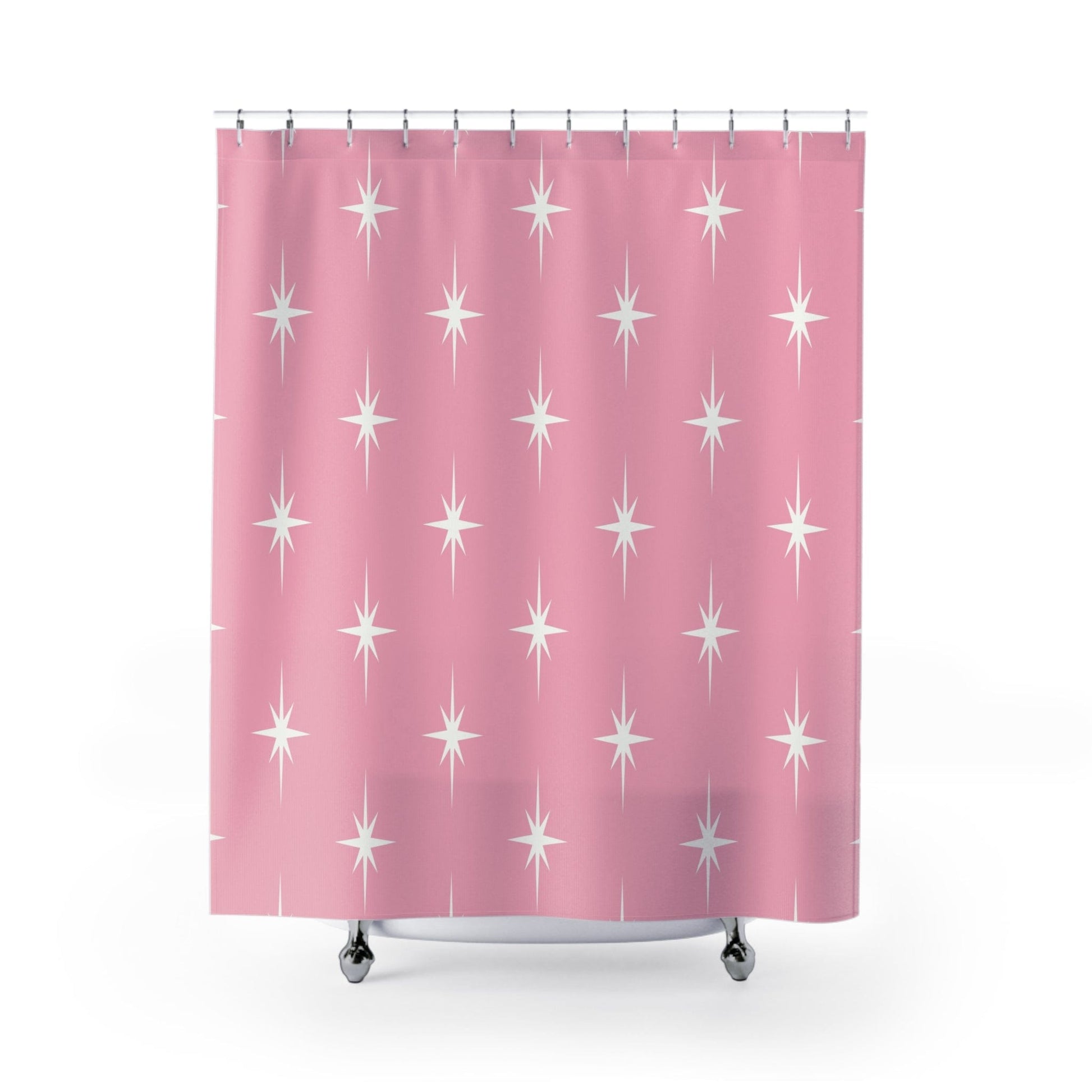 Kate McEnroe New York 50s Retro Mid Century Modern Atomic Starburst Shower Curtains in Vintage Pink and White Shower Curtains 70" × 90" S40-STB-PNK-7X9