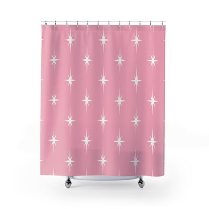 Kate McEnroe New York 50s Retro Mid Century Modern Atomic Starburst Shower Curtains in Vintage Pink and White Shower Curtains 70&quot; × 90&quot; S40-STB-PNK-7X9