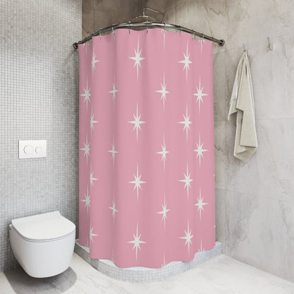 Kate McEnroe New York 50s Retro Mid Century Modern Atomic Starburst Shower Curtains in Vintage Pink and White Shower Curtains