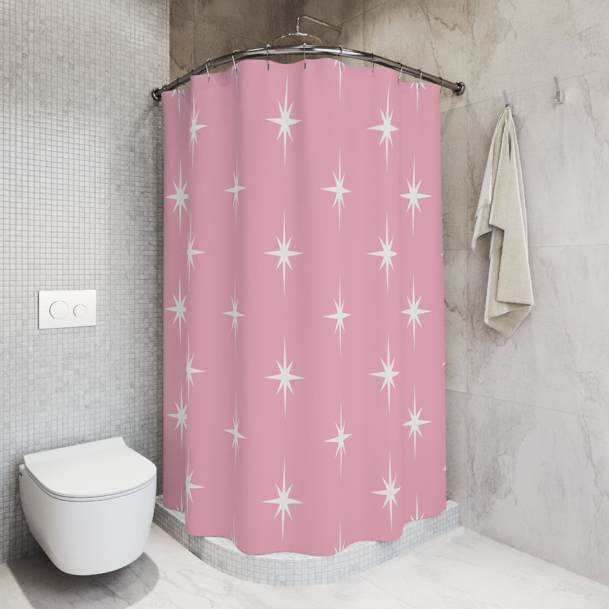 Kate McEnroe New York 50s Retro Mid Century Modern Atomic Starburst Shower Curtains in Vintage Pink and WhiteShower CurtainsS40 - STB - PNK - 7X7