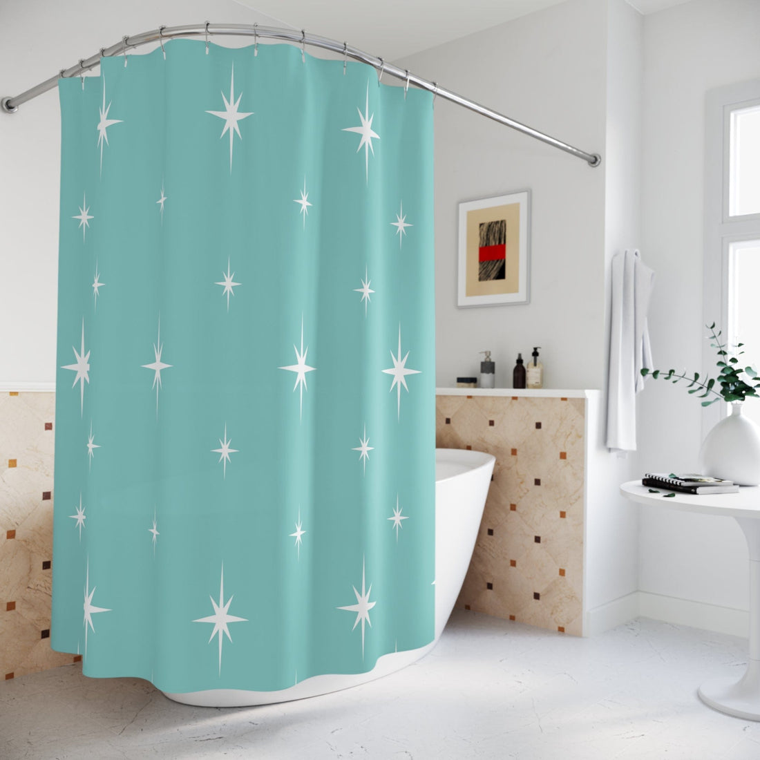 Kate McEnroe New York 50s Retro Mid Century Modern Atomic Starburst Shower Curtains in Vintage Turquoise and White Shower Curtains 70&quot; × 74&quot; S40-STB-BLU-7X7