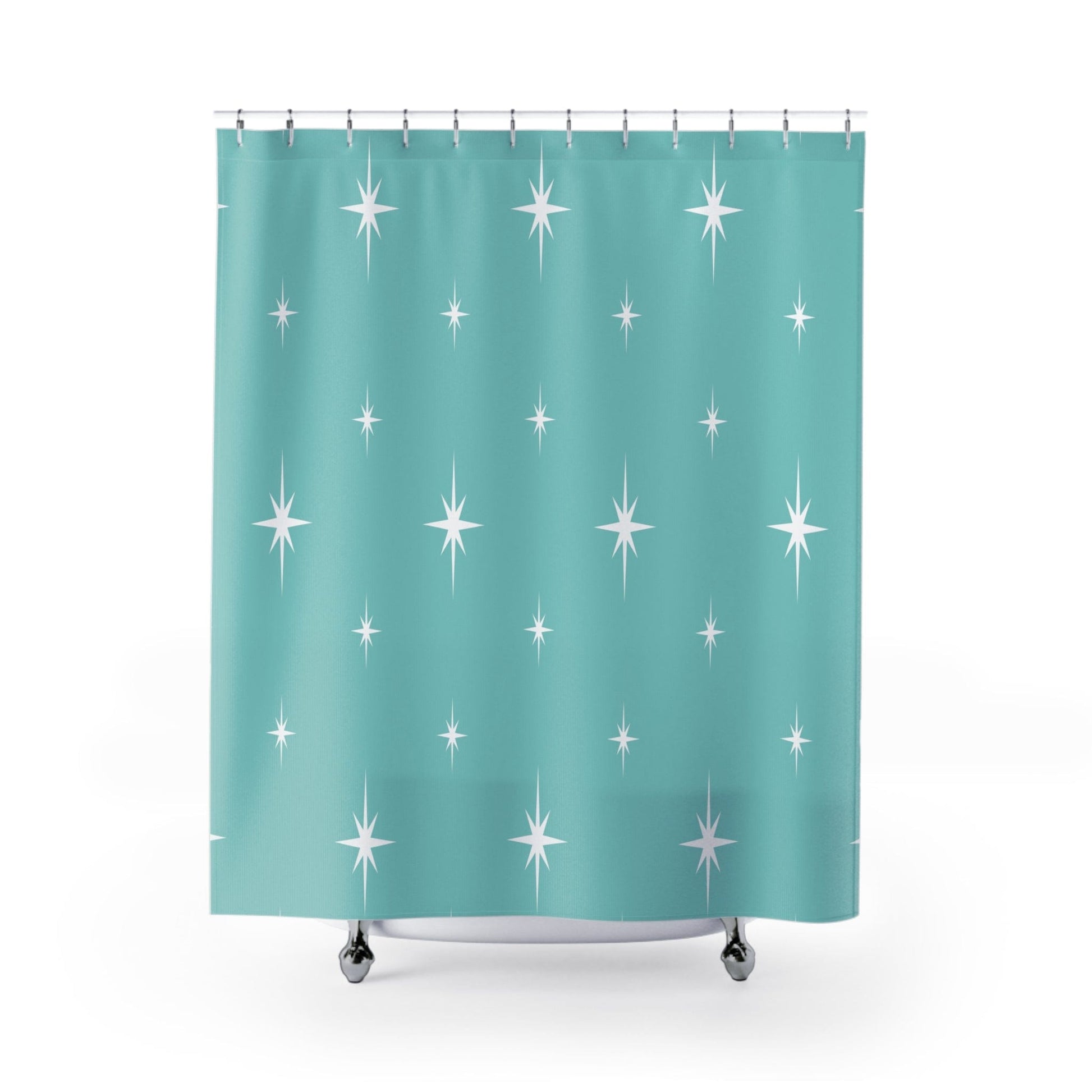 Kate McEnroe New York 50s Retro Mid Century Modern Atomic Starburst Shower Curtains in Vintage Turquoise and White Shower Curtains 70" x 90" S40-STB-BLU-7X9