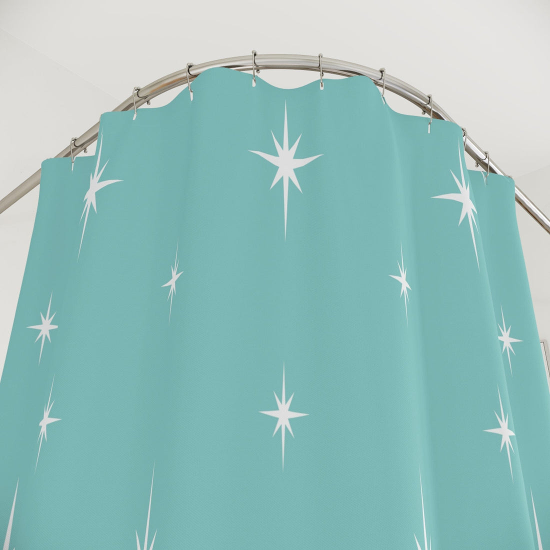Kate McEnroe New York 50s Retro Mid Century Modern Atomic Starburst Shower Curtains in Vintage Turquoise and White Shower Curtains