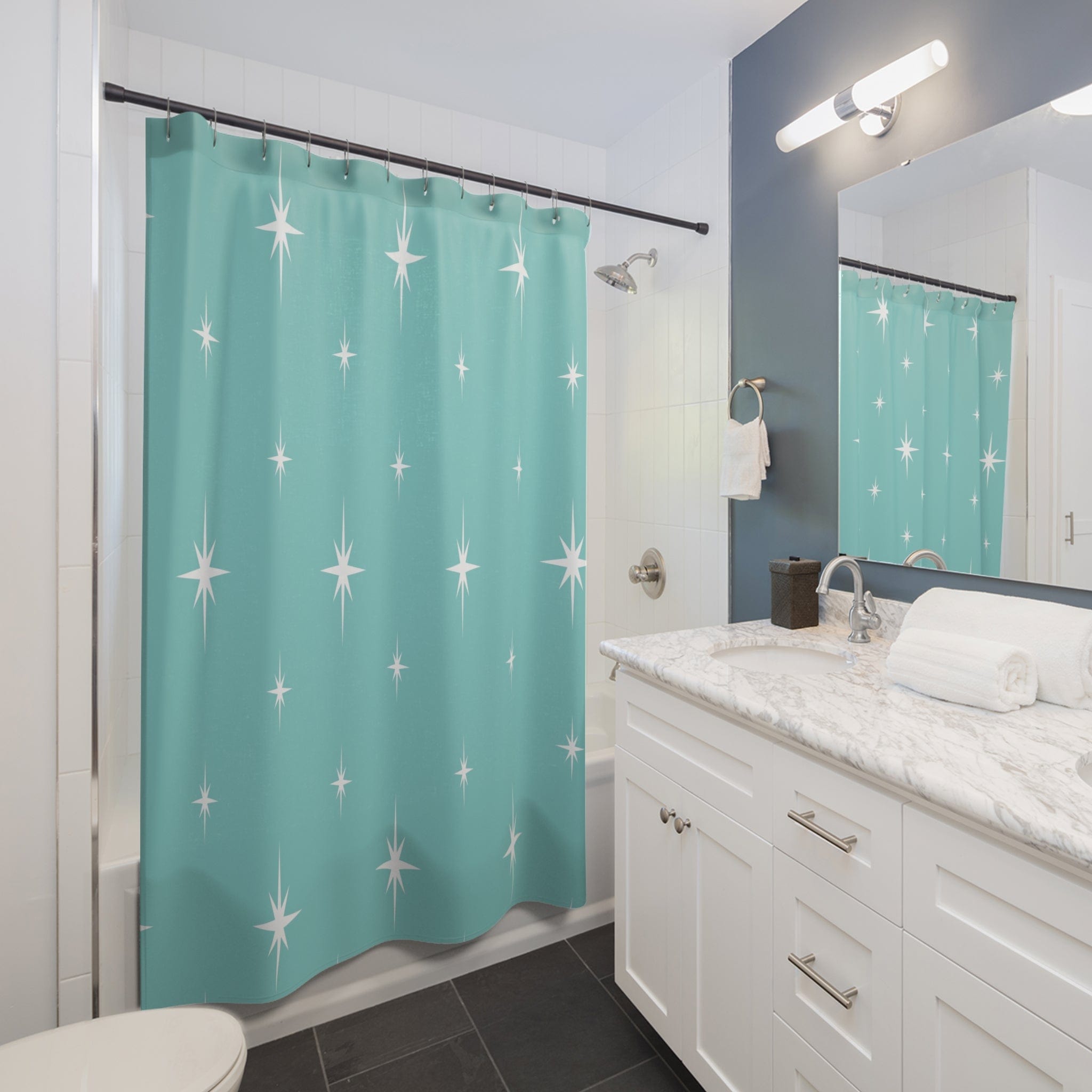 Kate McEnroe New York 50s Retro Mid Century Modern Atomic Starburst Shower Curtains in Vintage Turquoise and WhiteShower CurtainsS40 - STB - BLU - 7X9