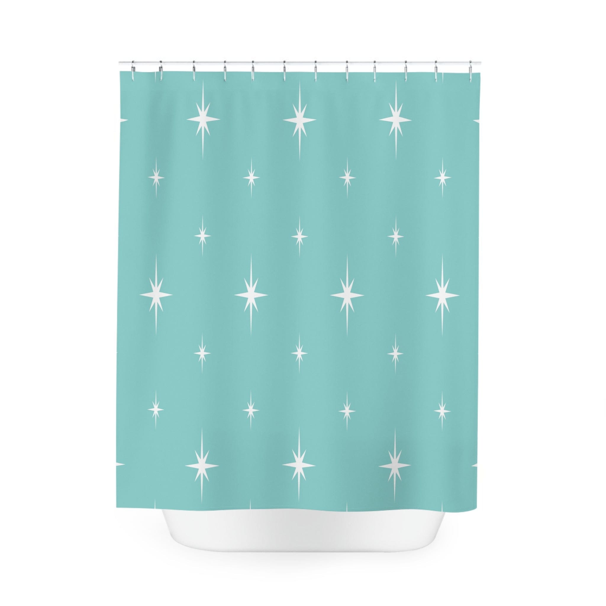 Kate McEnroe New York 50s Retro Mid Century Modern Atomic Starburst Shower Curtains in Vintage Turquoise and WhiteShower CurtainsS40 - STB - BLU - 7X9