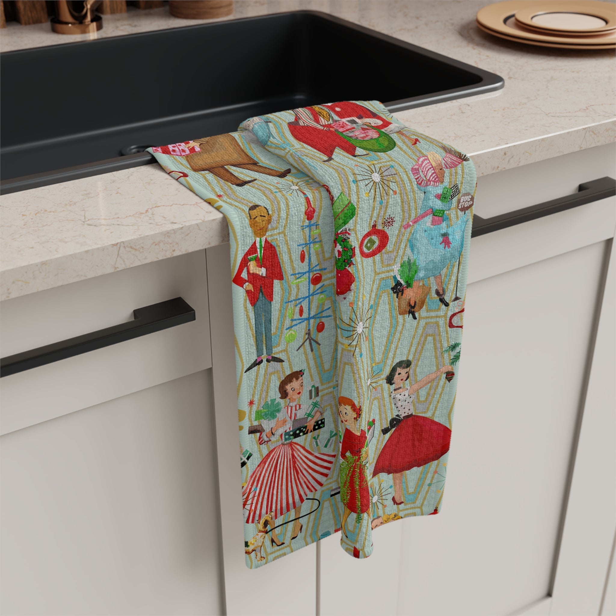Kate McEnroe New York 50s Retro Vintage Christmas Tea Towel, Mid Century Modern Retro Green, Red, Women, Ladies, Housewives Kitchen Towel, Chef Gift - 132782823Tea Towels24887423114806505886