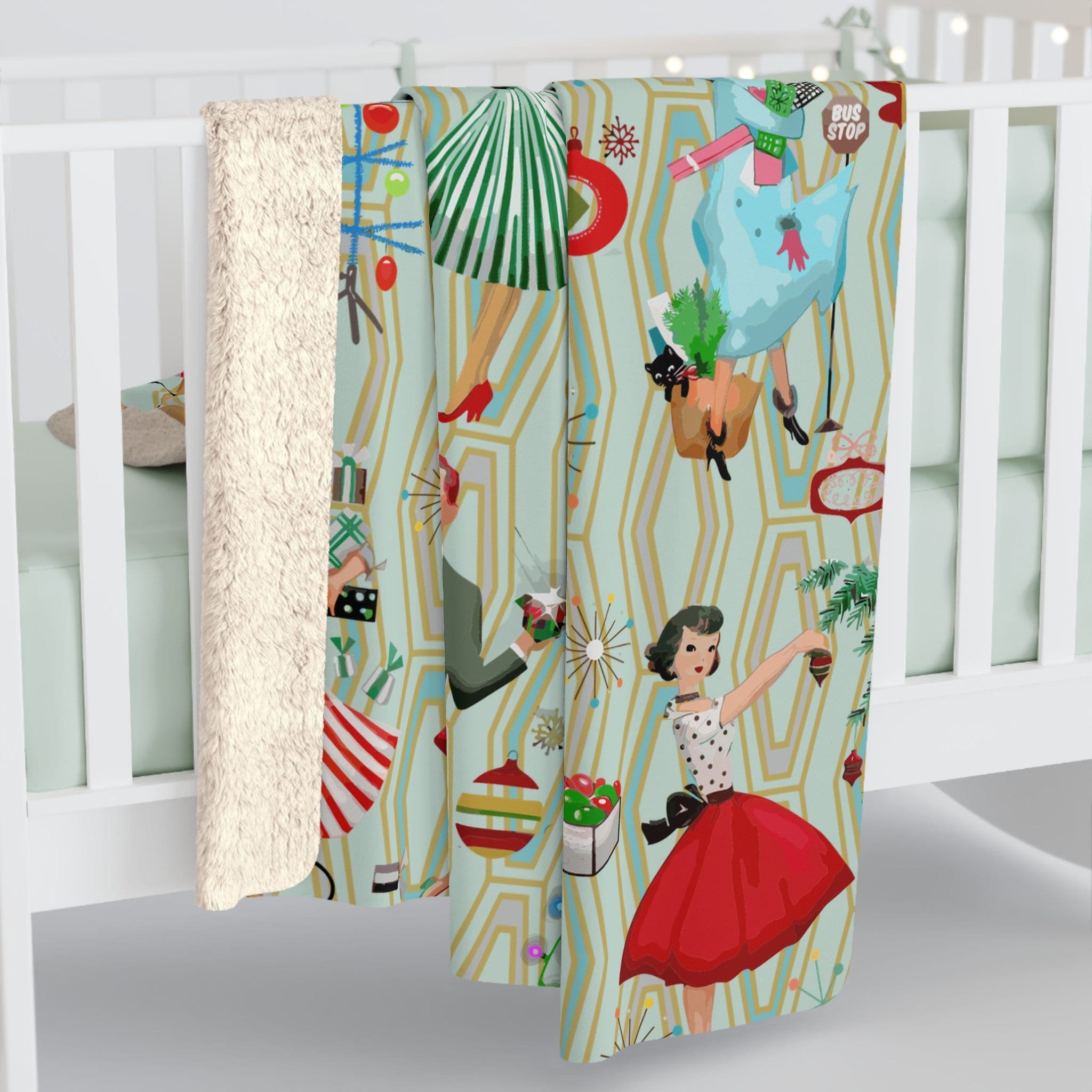 Kate McEnroe New York 50s Retro Vintage Mid Century Modern Women, Housewives, Couples in Christmas Setting Sherpa Fleece Blanket - 129382023Blankets15787163896903194341