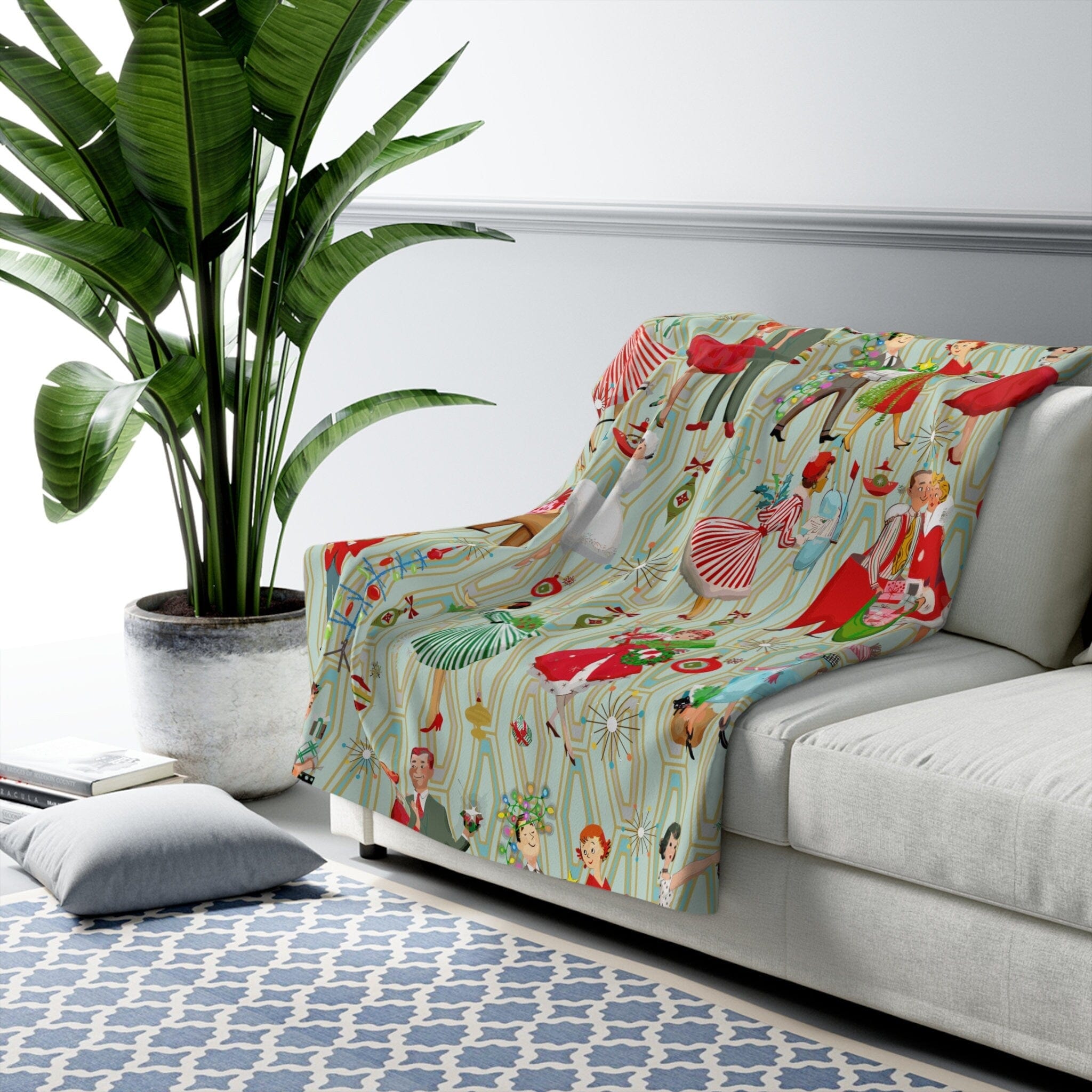 Kate McEnroe New York 50s Retro Vintage Mid Century Modern Women, Housewives, Couples in Christmas Setting Sherpa Fleece Blanket - 129382023Blankets15787163896903194341