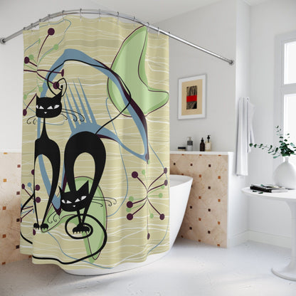Kate McEnroe New York 50s Retro Vintage Mid Mod Atomic Kitschy Cats Shower Curtain, MCM Blue, Green Geometric Starburst Bathroom Decor  - 128382023 Shower Curtains
