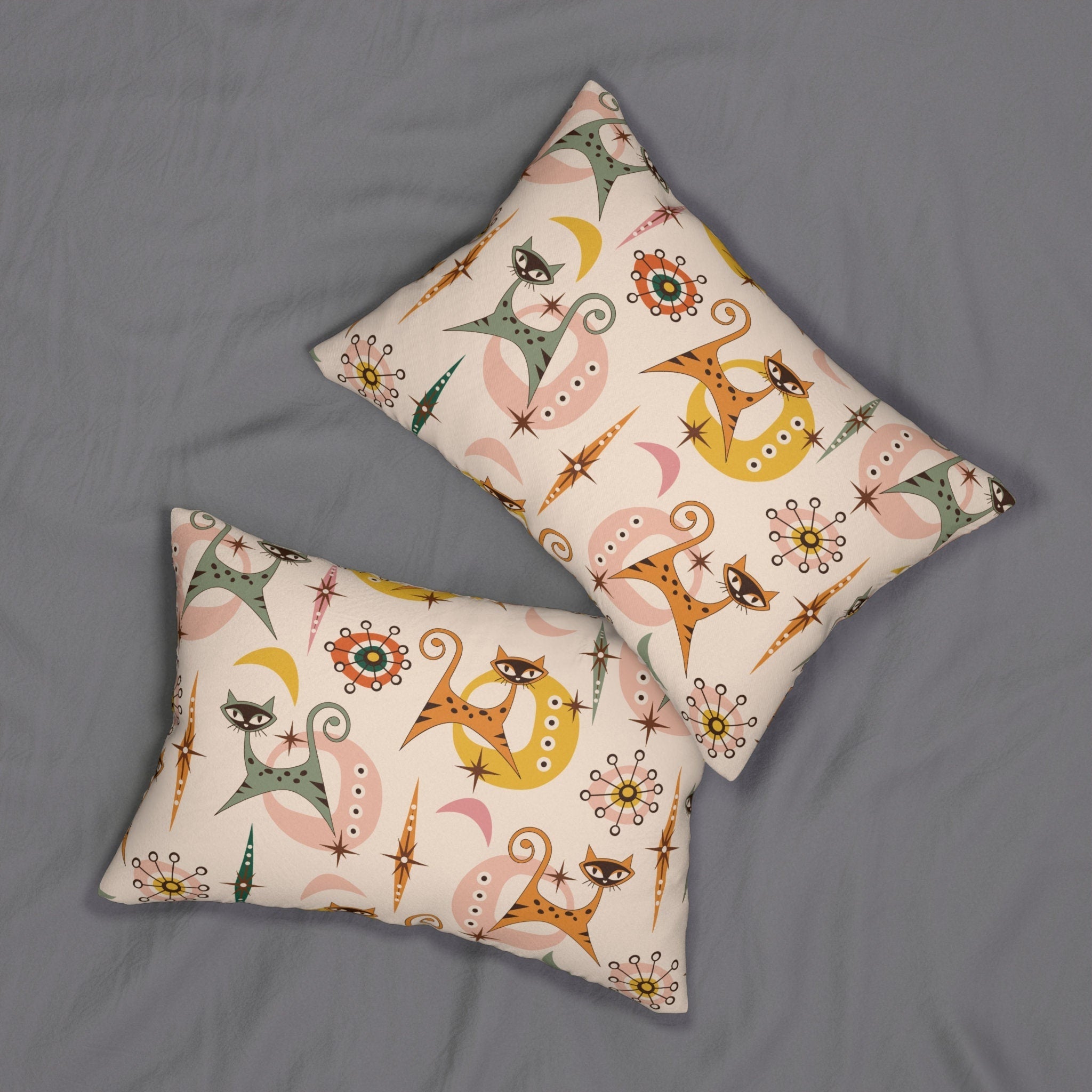 Kate McEnroe New York 50s Sputnik Atomic Cat Lumbar Pillow, Retro Mid Century Modern, Vintage Living Room, Bedroom Decor, Unique Kitty DesignLumbar Pillows48191531693263402090