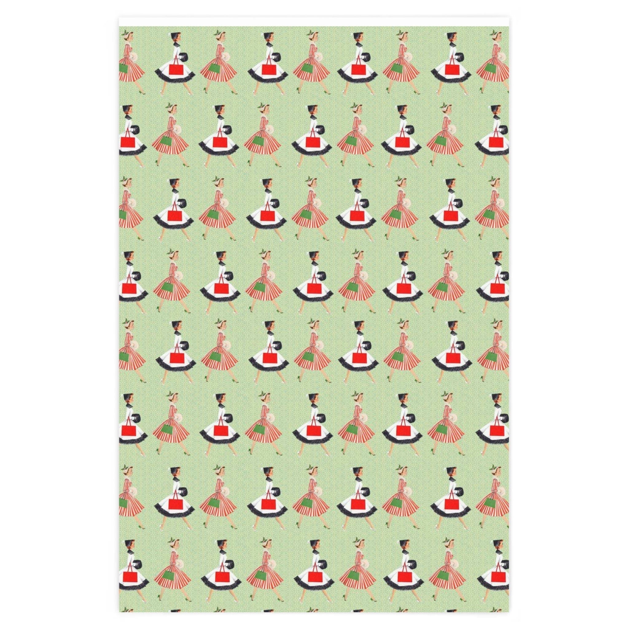 Kate McEnroe New York 50s Vintage Women in Christmas Setting Wrapping Paper, Mid Century Modern Retro Green, Red, Ladies, Housewives Holiday Gift Wrap - 130882623Wrapping Paper26518436537926371563