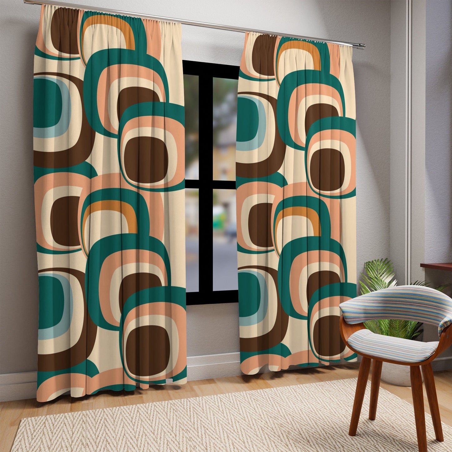 Kate McEnroe New York 60s, 70s Mid Century Modern Retro Geometric Window Curtains, Green, Blue, Brown, Beige MCM Curtain Panels, Living Room, Bedroom Drapes Gifts Window Curtains