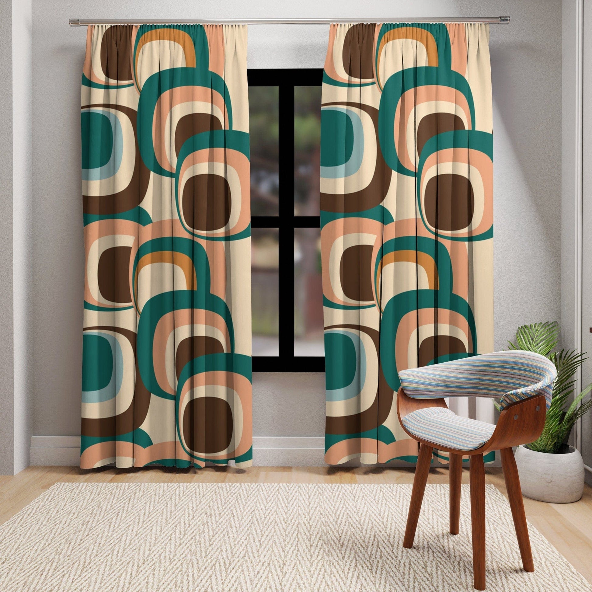 Kate McEnroe New York 60s, 70s Mid Century Modern Retro Geometric Window Curtains, Green, Blue, Brown, Beige MCM Curtain Panels, Living Room, Bedroom Drapes Gifts Window Curtains
