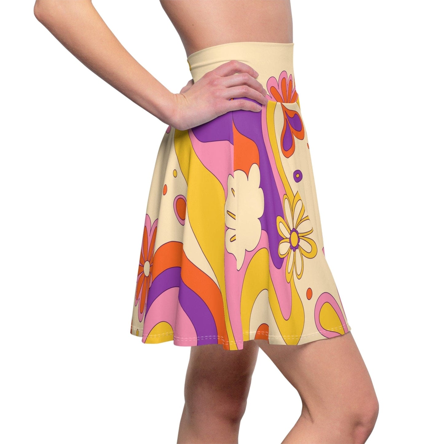 Kate McEnroe New York 60s, 70s Retro Flower Power Custom Women's Skater Skirt in Mid Century Modern Boho Shades of Beige, Burnt Orange, Mustard Yellow and Pink Skater Skirts M 24809219195907777729