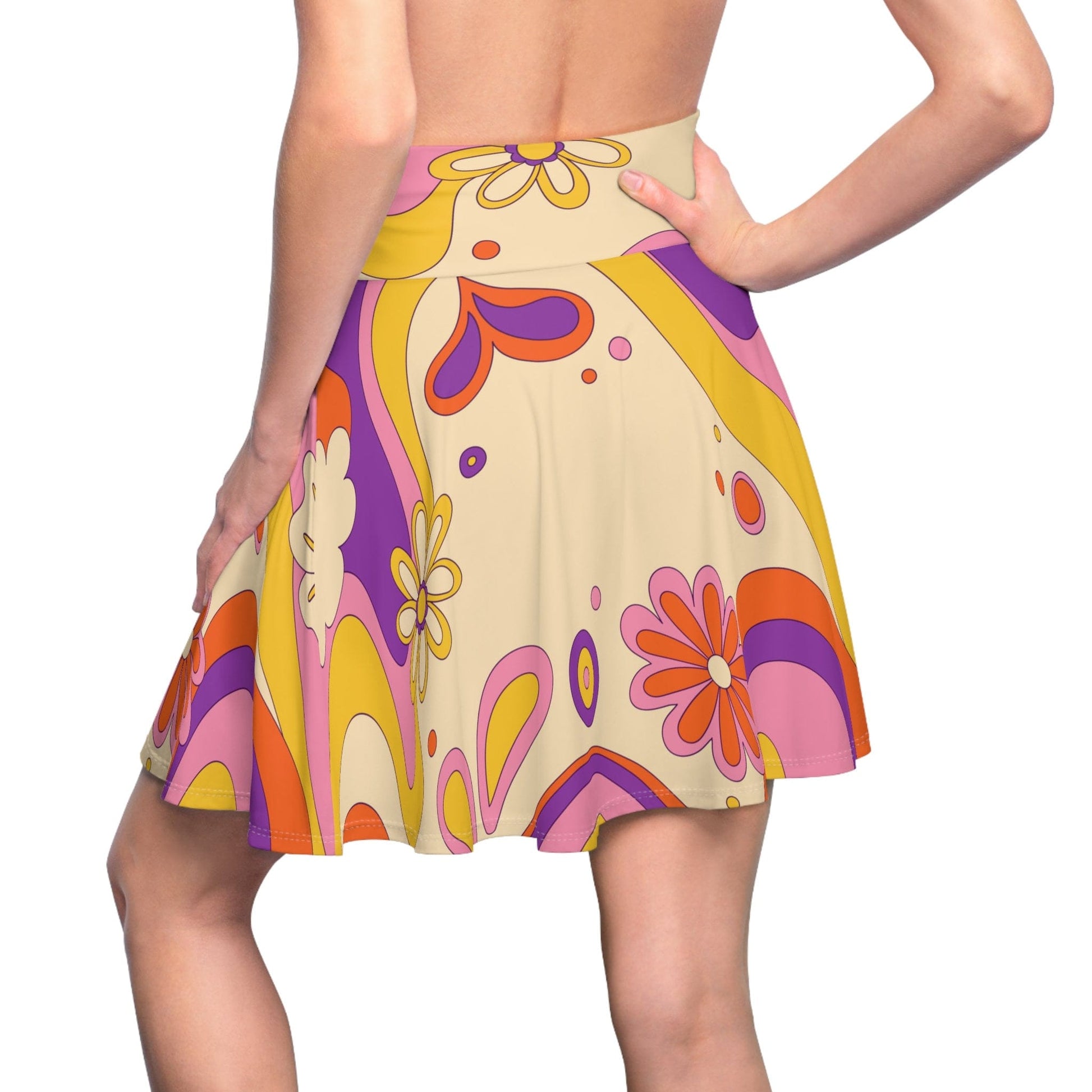Kate McEnroe New York 60s, 70s Retro Flower Power Custom Women's Skater Skirt in Mid Century Modern Boho Shades of Beige, Burnt Orange, Mustard Yellow and Pink Skater Skirts S 21474881676877458734