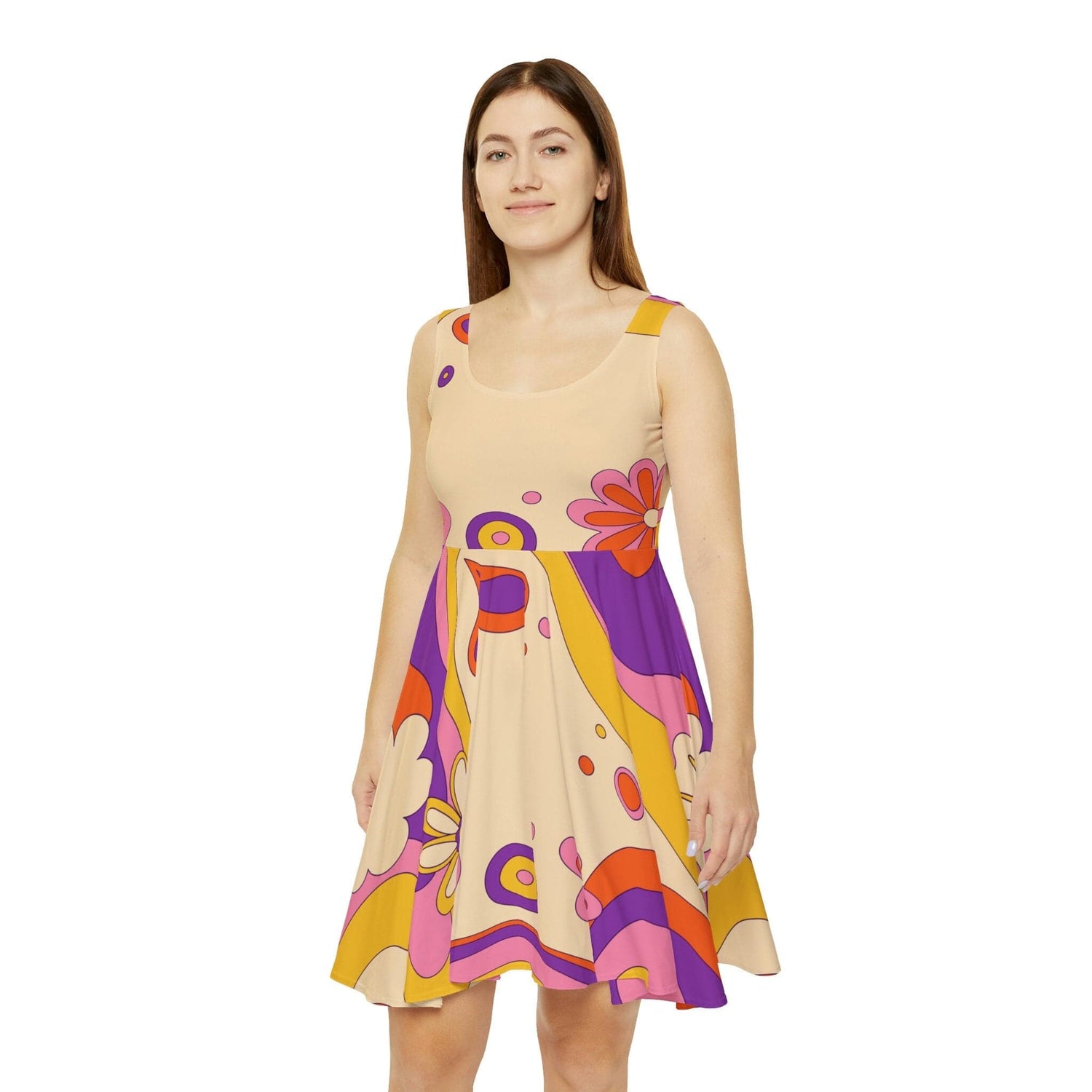 60s, 70s Retro Flower Power Custom Women's Skater Dress in Mid Century Kate McEnroe New York 60s, 70s Retro Flower Power Custom Women's Skater Dress in Mid Century Kate McEnroe New York