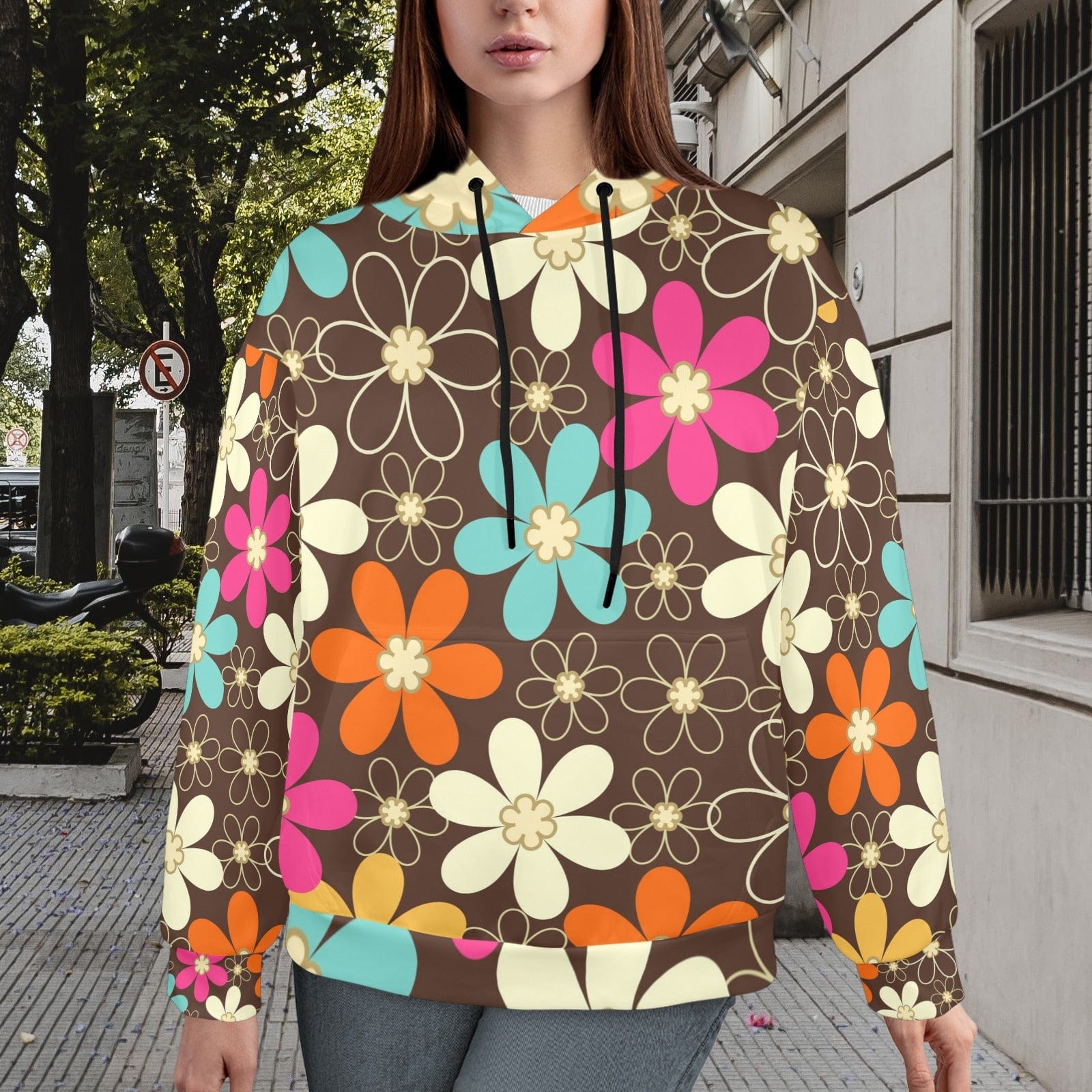 Kate McEnroe New York 60s Flower Power Hoodie, Retro Floral Pullover, Vibrant MCM Fashion Hoodies
