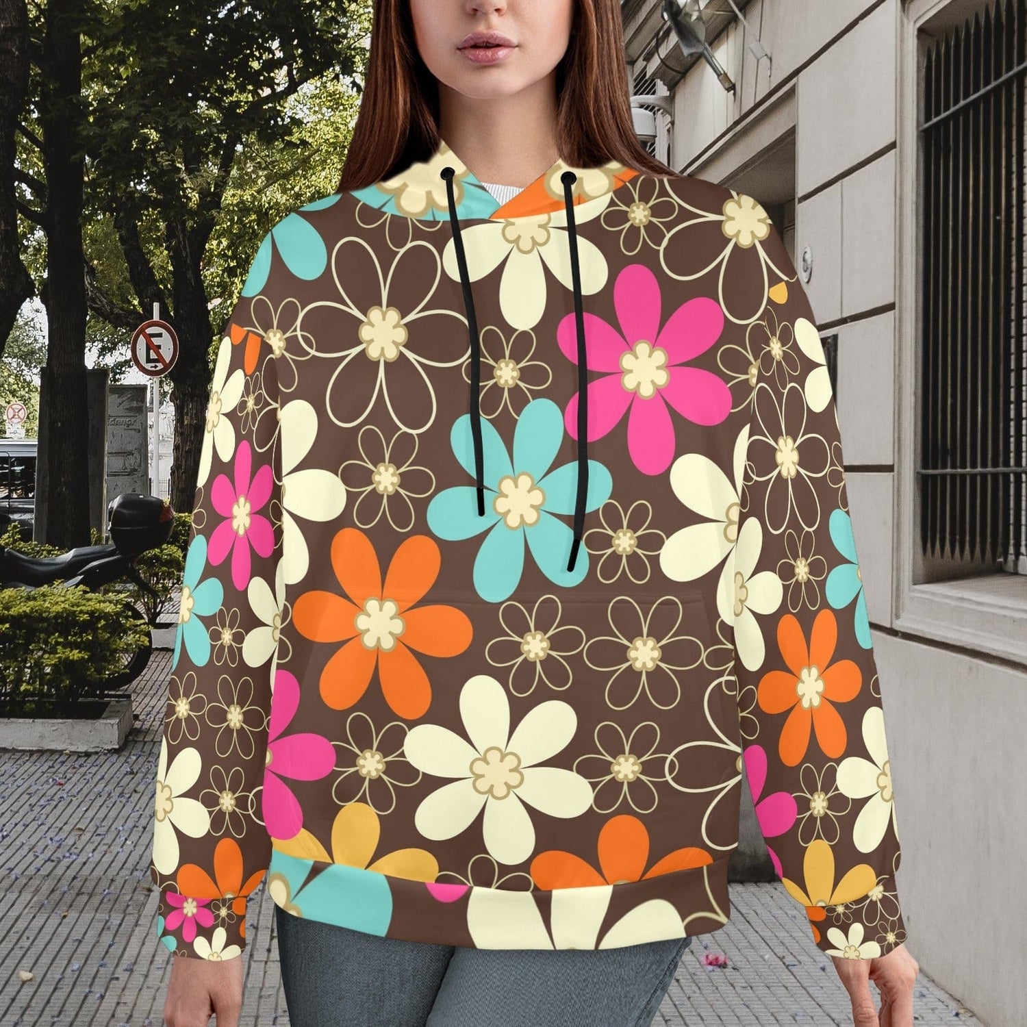 Kate McEnroe New York 60s Flower Power Hoodie, Retro Floral Pullover, Vibrant MCM FashionWomen&