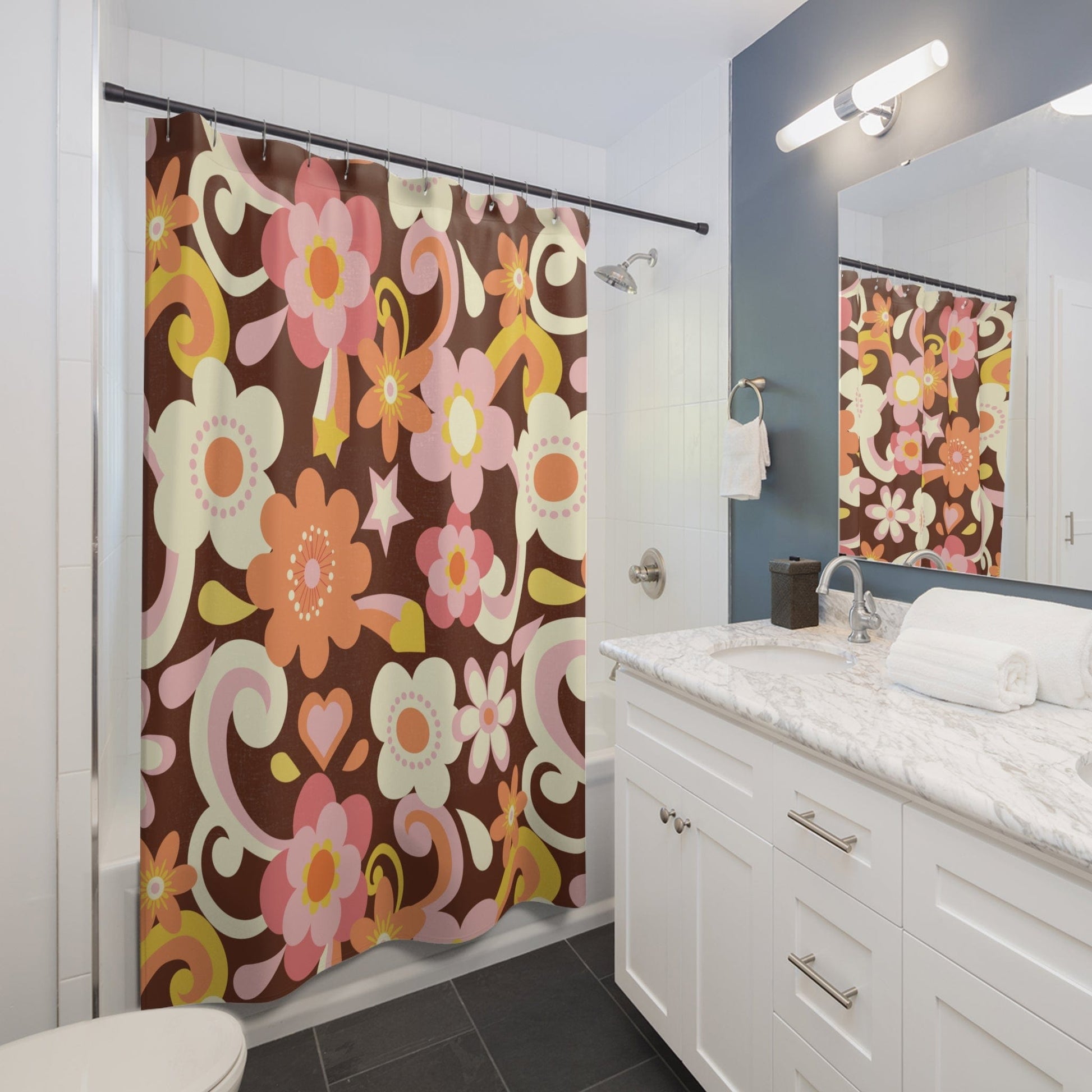 Kate McEnroe New York 70s, 60s Mid Mod Retro Floral Swirls Shower Curtain Shower Curtains 71" × 74" 10695409455124982078